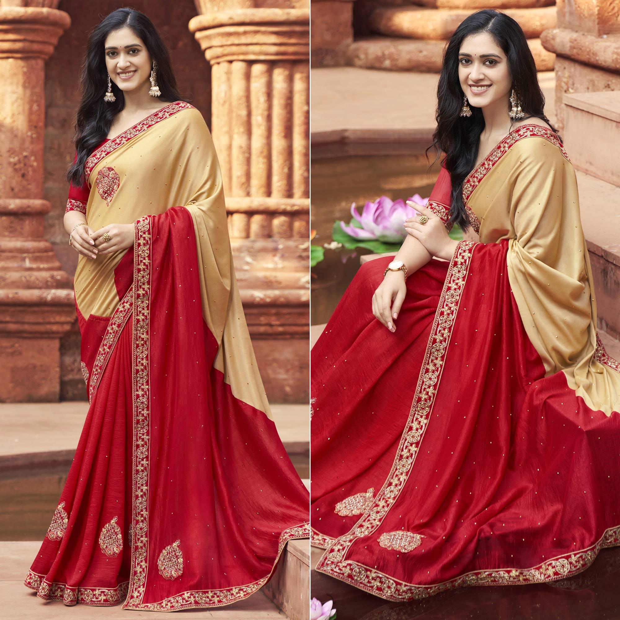 Red-Beige Embroidered With Embellished Fancy Fabric Half & Half Saree - Peachmode
