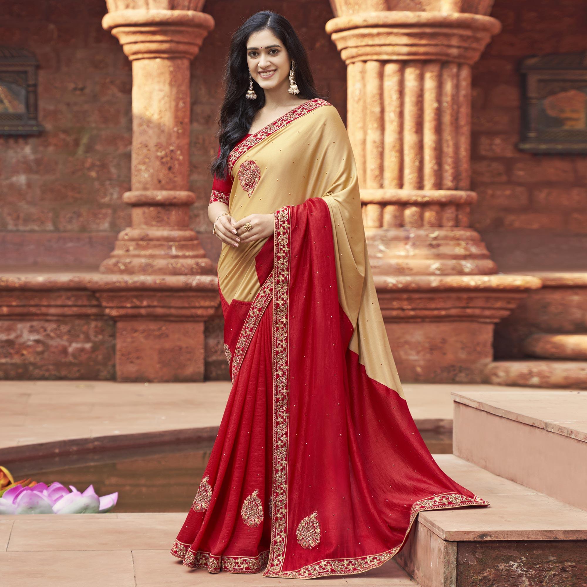 Red-Beige Embroidered With Embellished Fancy Fabric Half & Half Saree - Peachmode