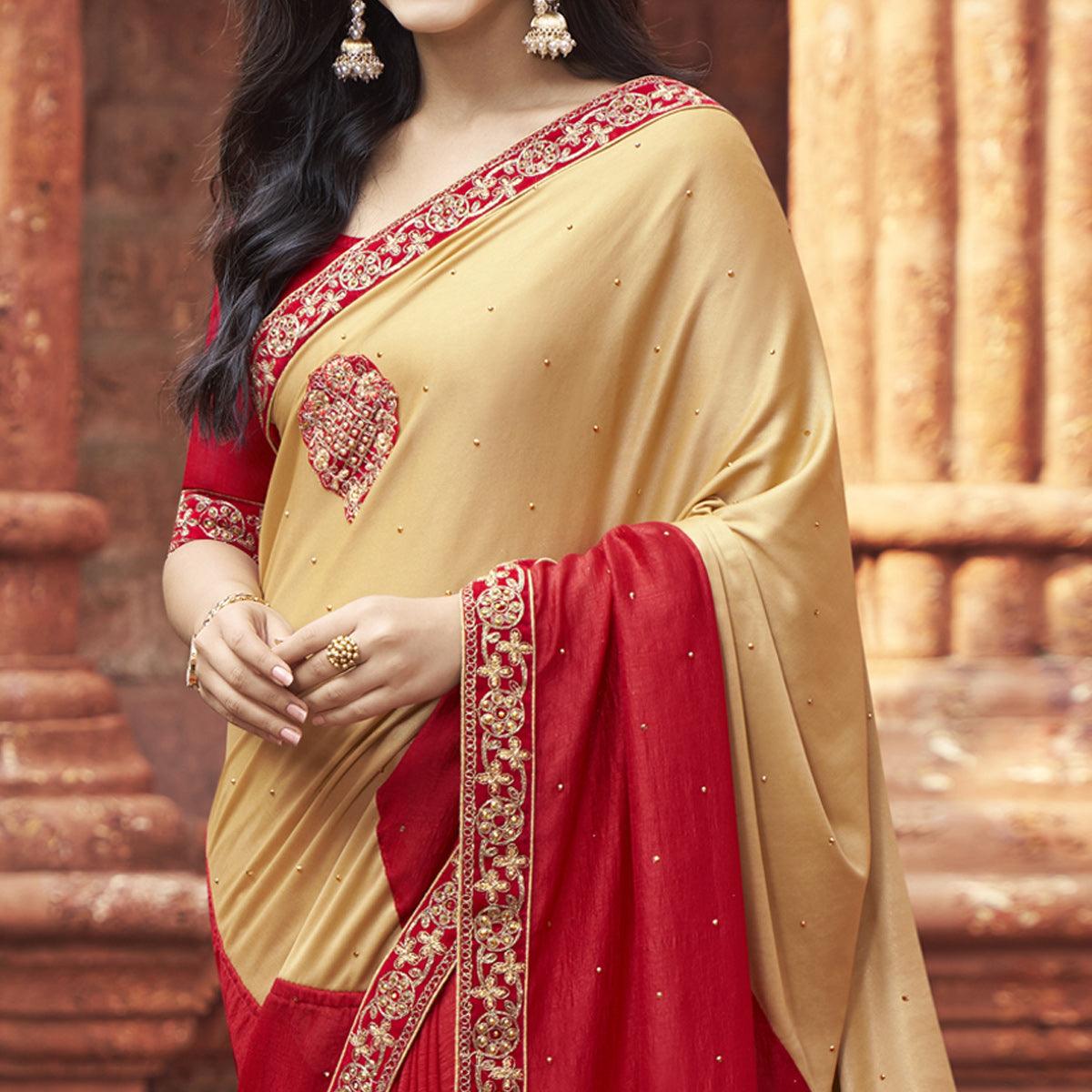 Red-Beige Embroidered With Embellished Fancy Fabric Half & Half Saree - Peachmode