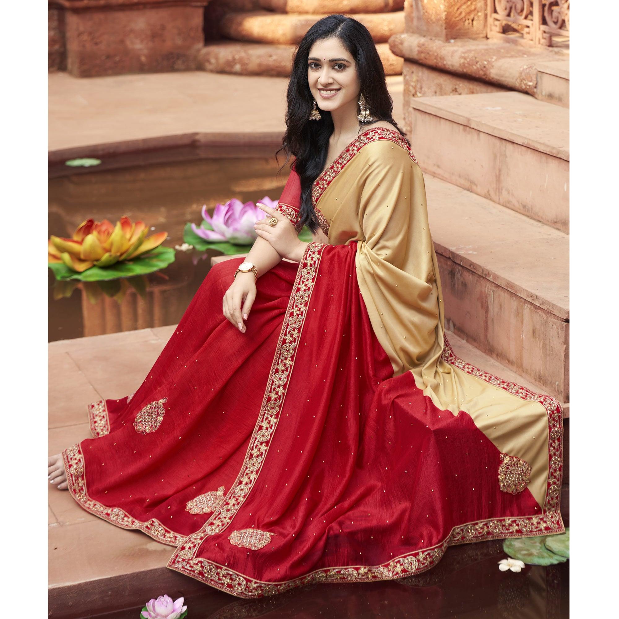 Red-Beige Embroidered With Embellished Fancy Fabric Half & Half Saree - Peachmode