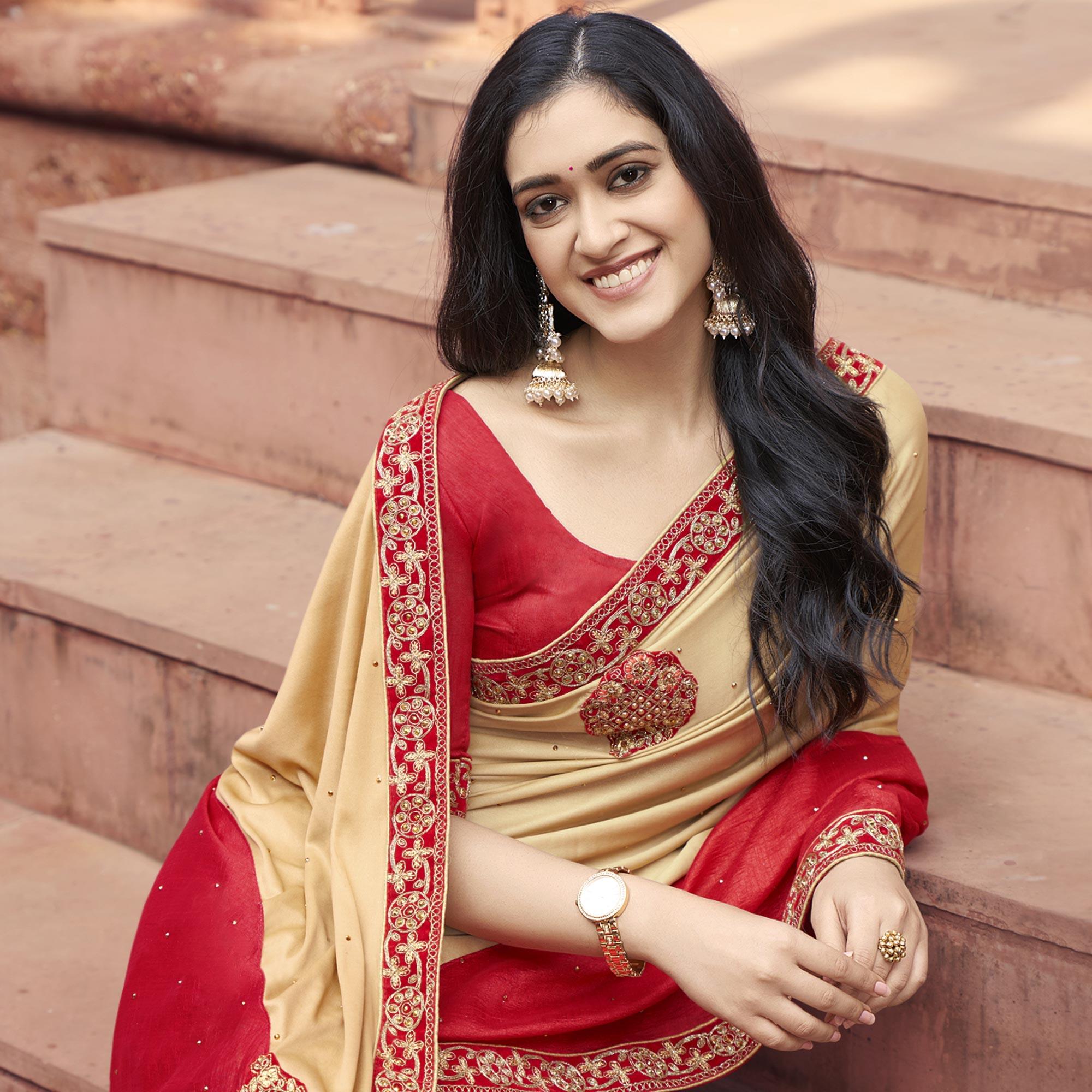 Red-Beige Embroidered With Embellished Fancy Fabric Half & Half Saree - Peachmode