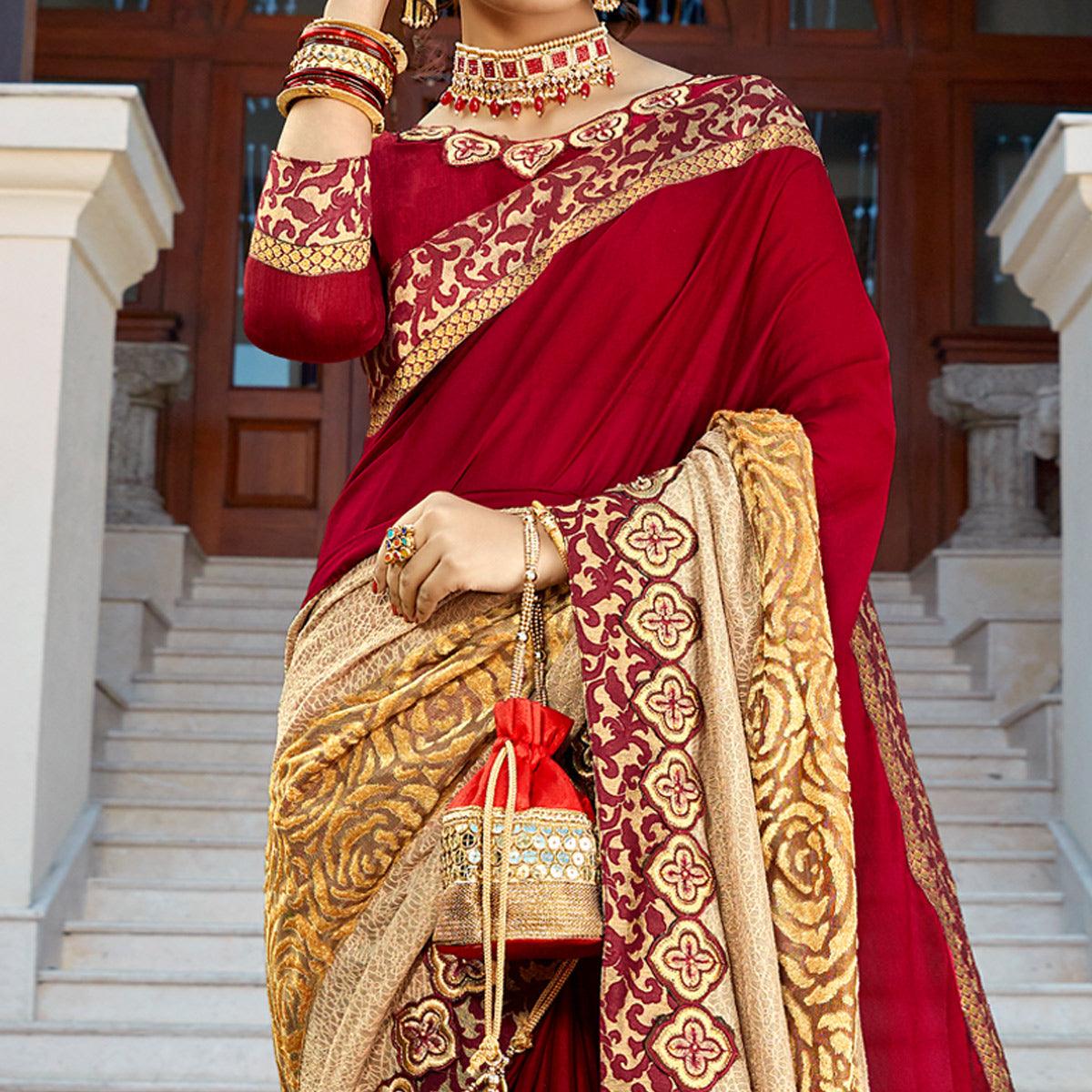 Red - Beige Partywear Woven Imported Fabric Saree - Peachmode
