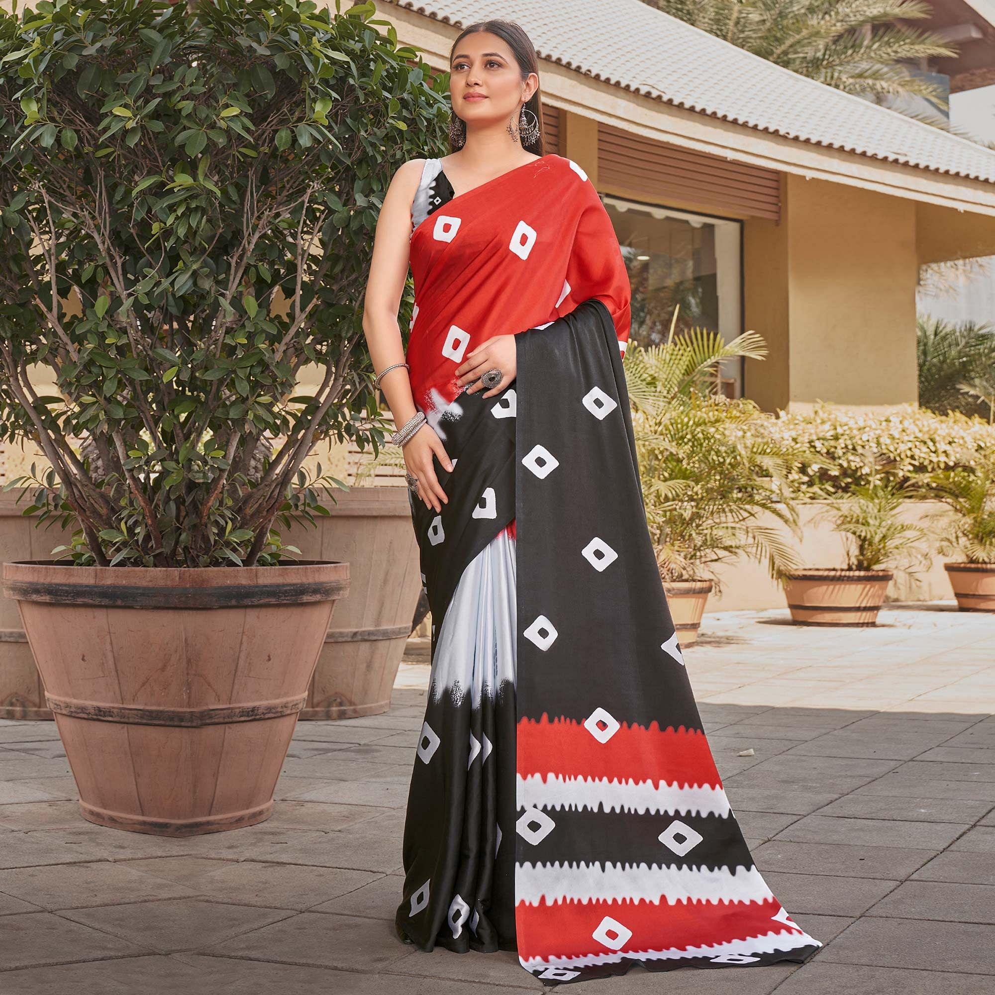 Red-Black Casual Wear Printed Satin Silk Saree - Peachmode