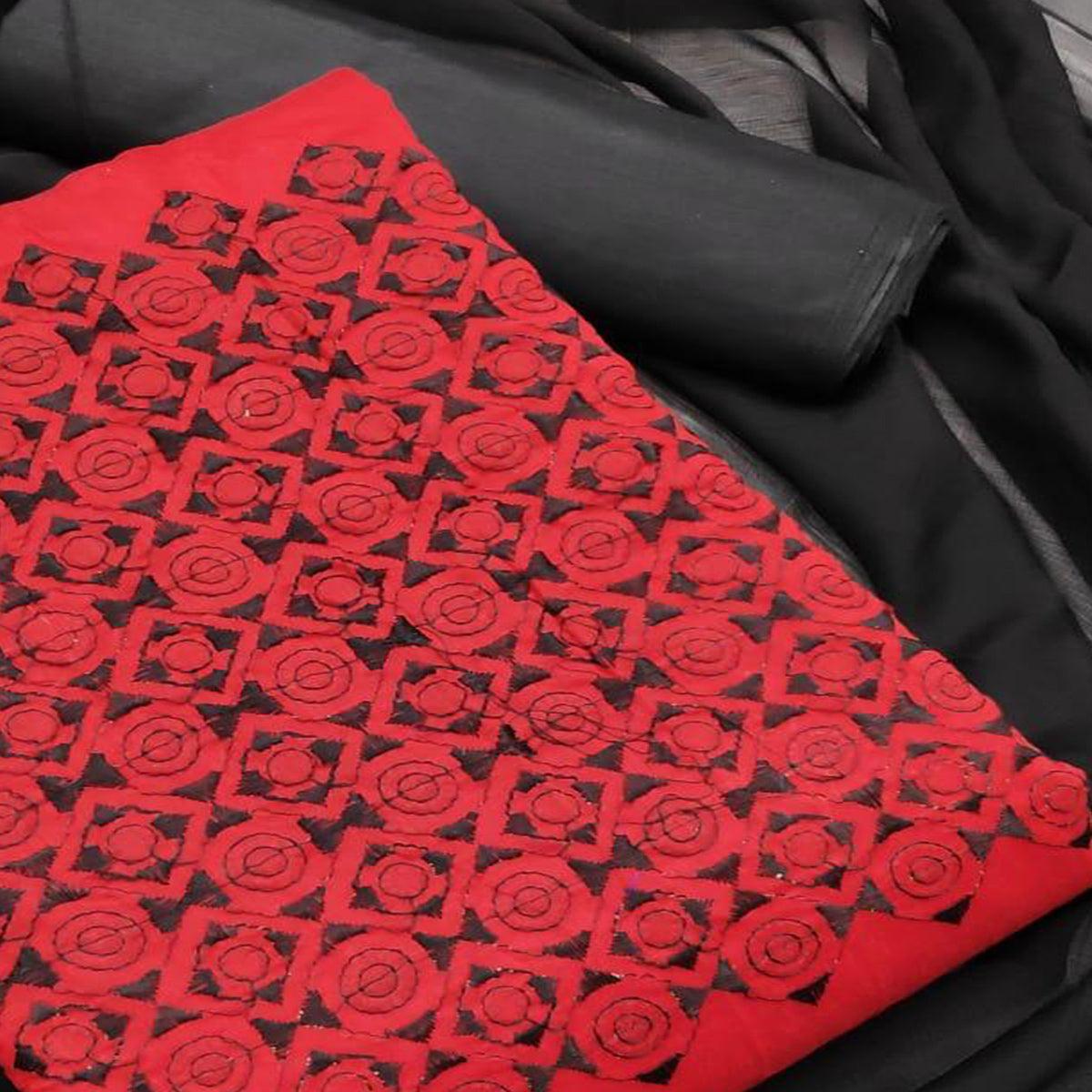 Red - Black Embroidered Chanderi Dress Material - Peachmode
