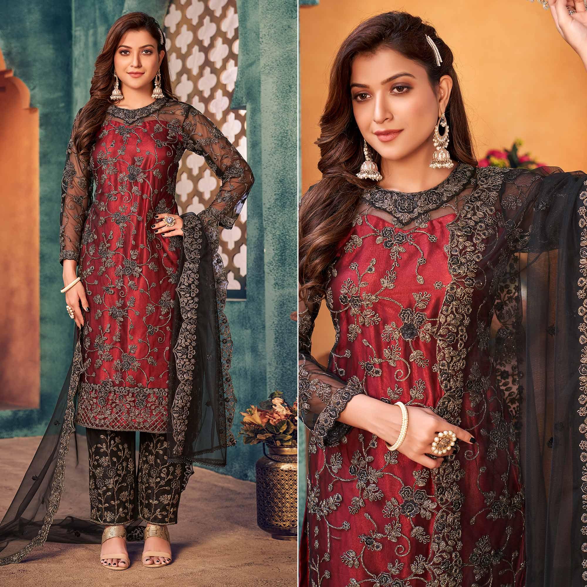 Red-Black Embroidered Netted Pakistani Suit - Peachmode