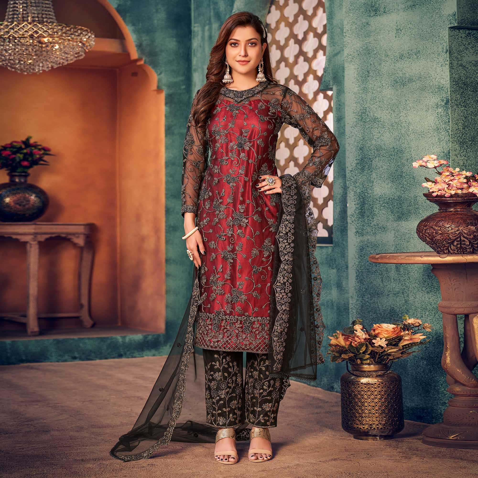 Red-Black Embroidered Netted Pakistani Suit - Peachmode