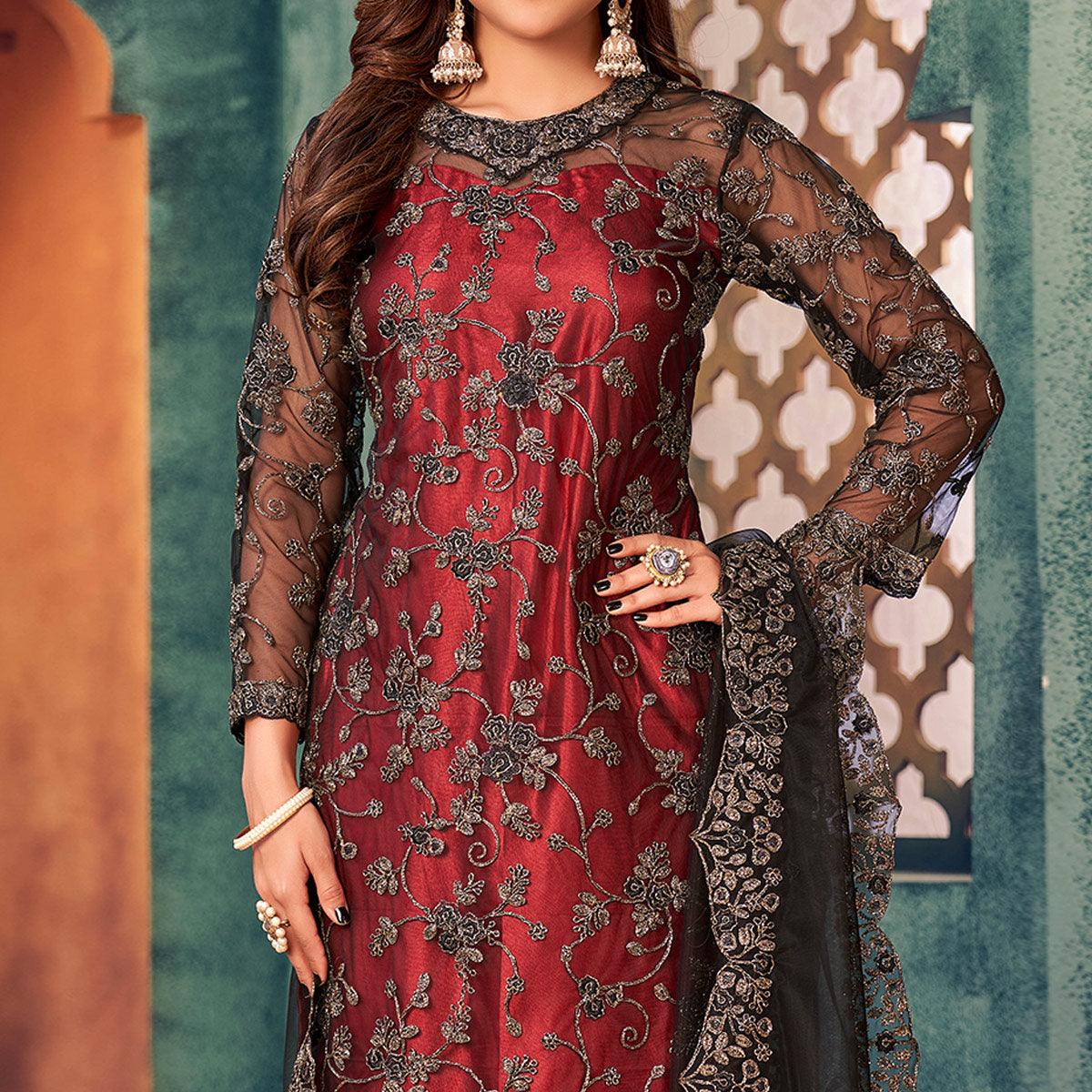 Red-Black Embroidered Netted Pakistani Suit - Peachmode