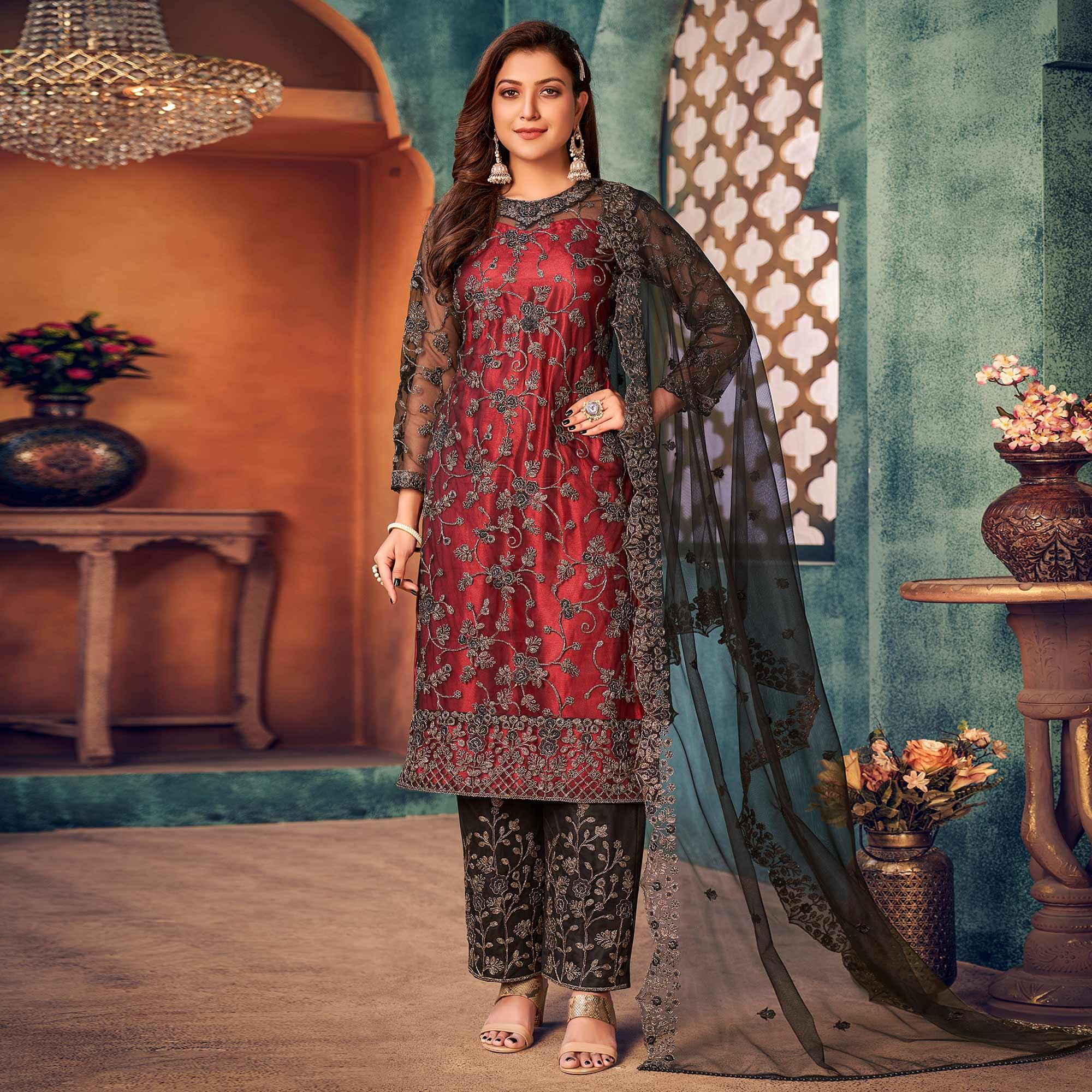 Red-Black Embroidered Netted Pakistani Suit - Peachmode