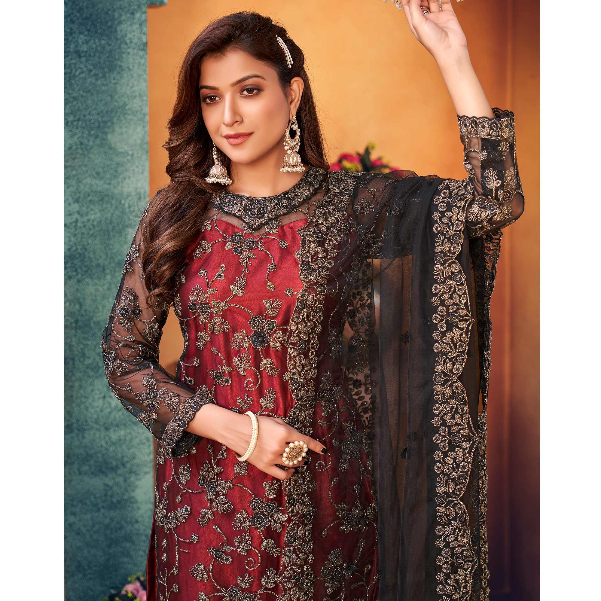 Red-Black Embroidered Netted Pakistani Suit - Peachmode