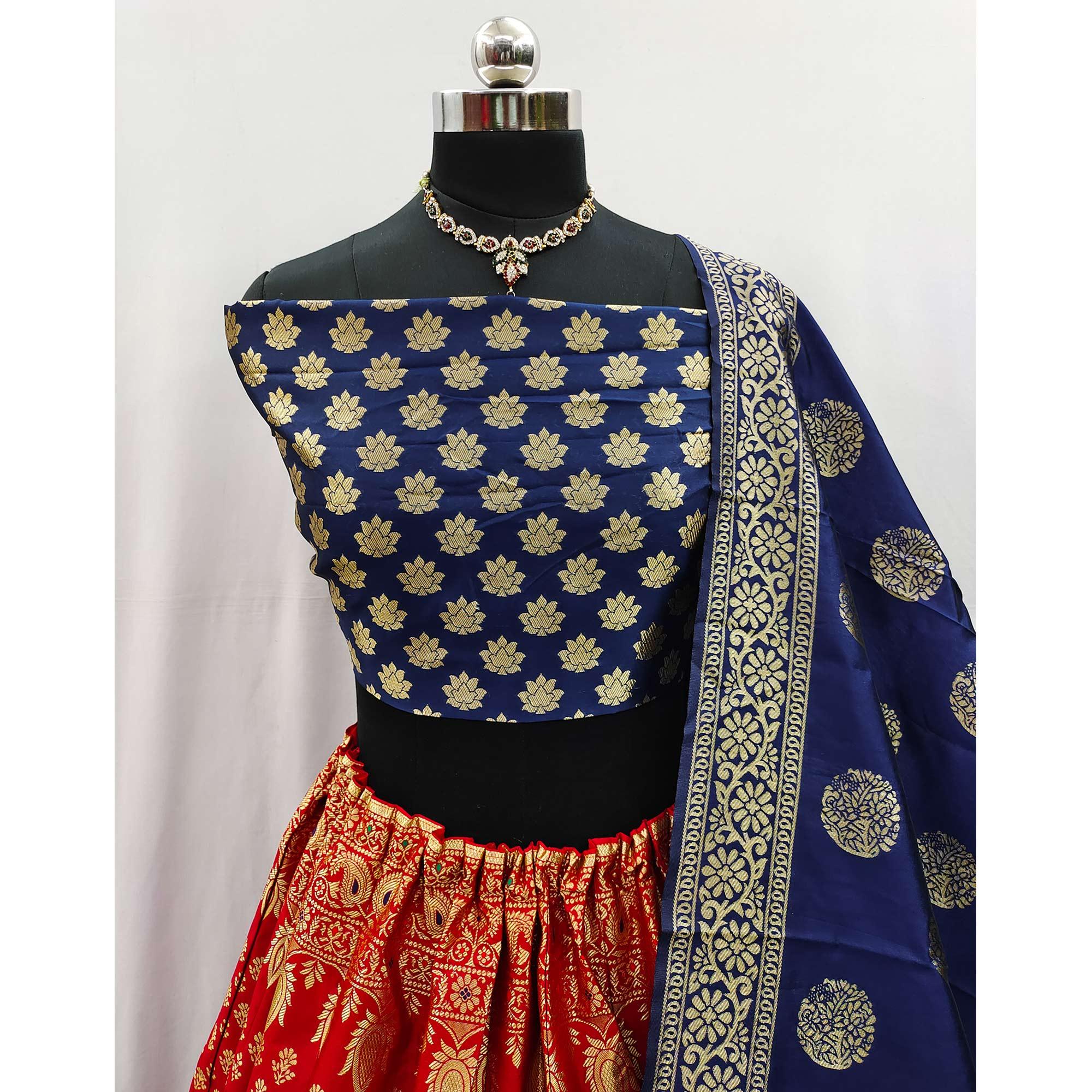 Red-Blue Festive Wear Woven Jacquard Lehenga Choli - Peachmode