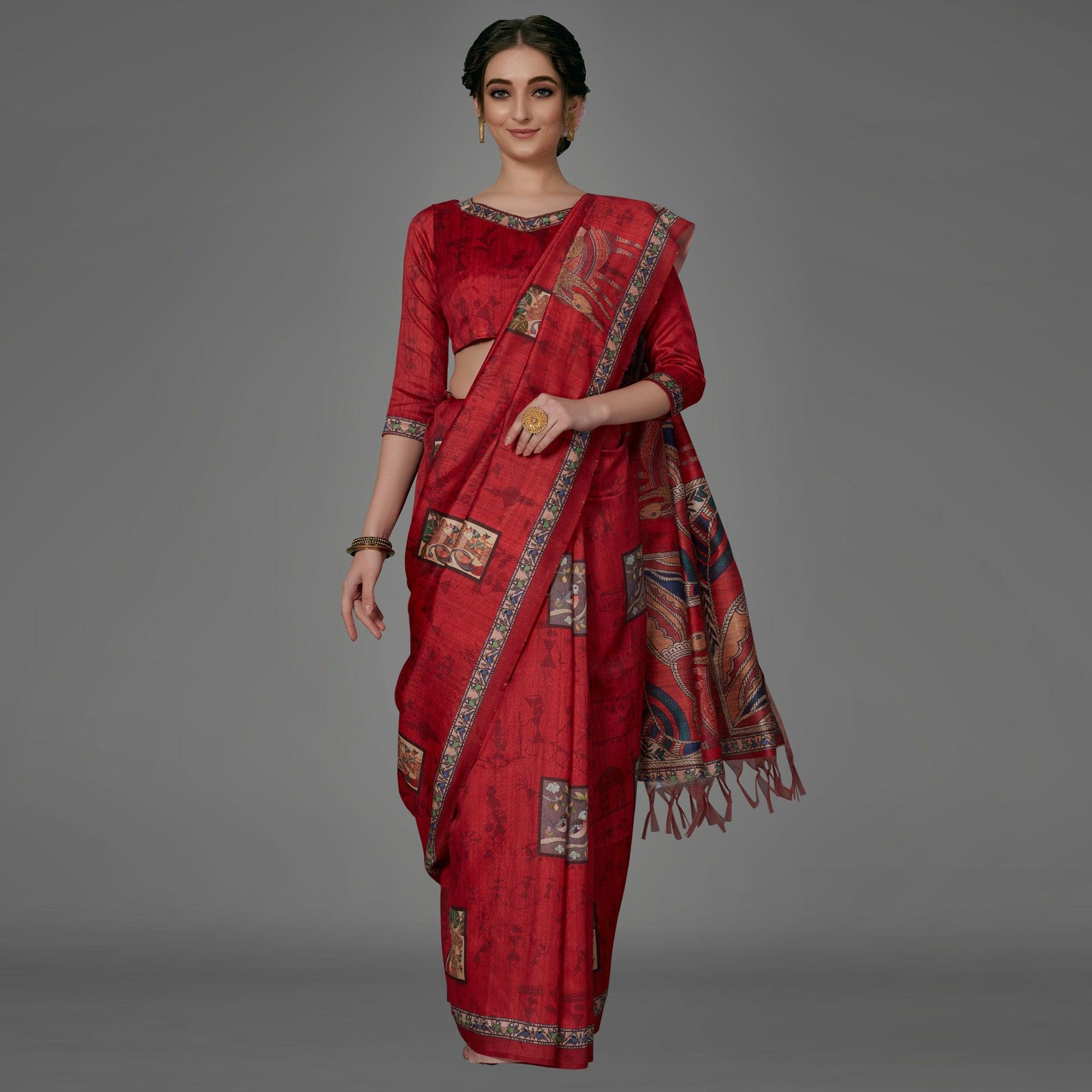 Red Casual Art Silk Printed Saree With Unstitched Blouse - Peachmode