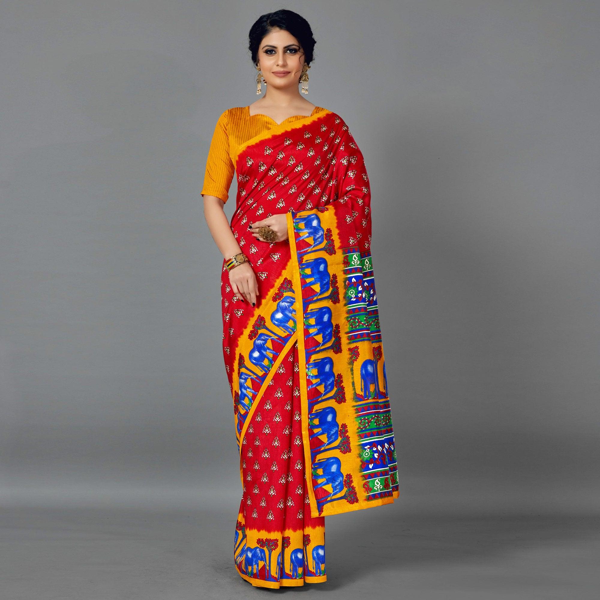 Red Casual Art Silk Printed Saree With Unstitched Blouse - Peachmode