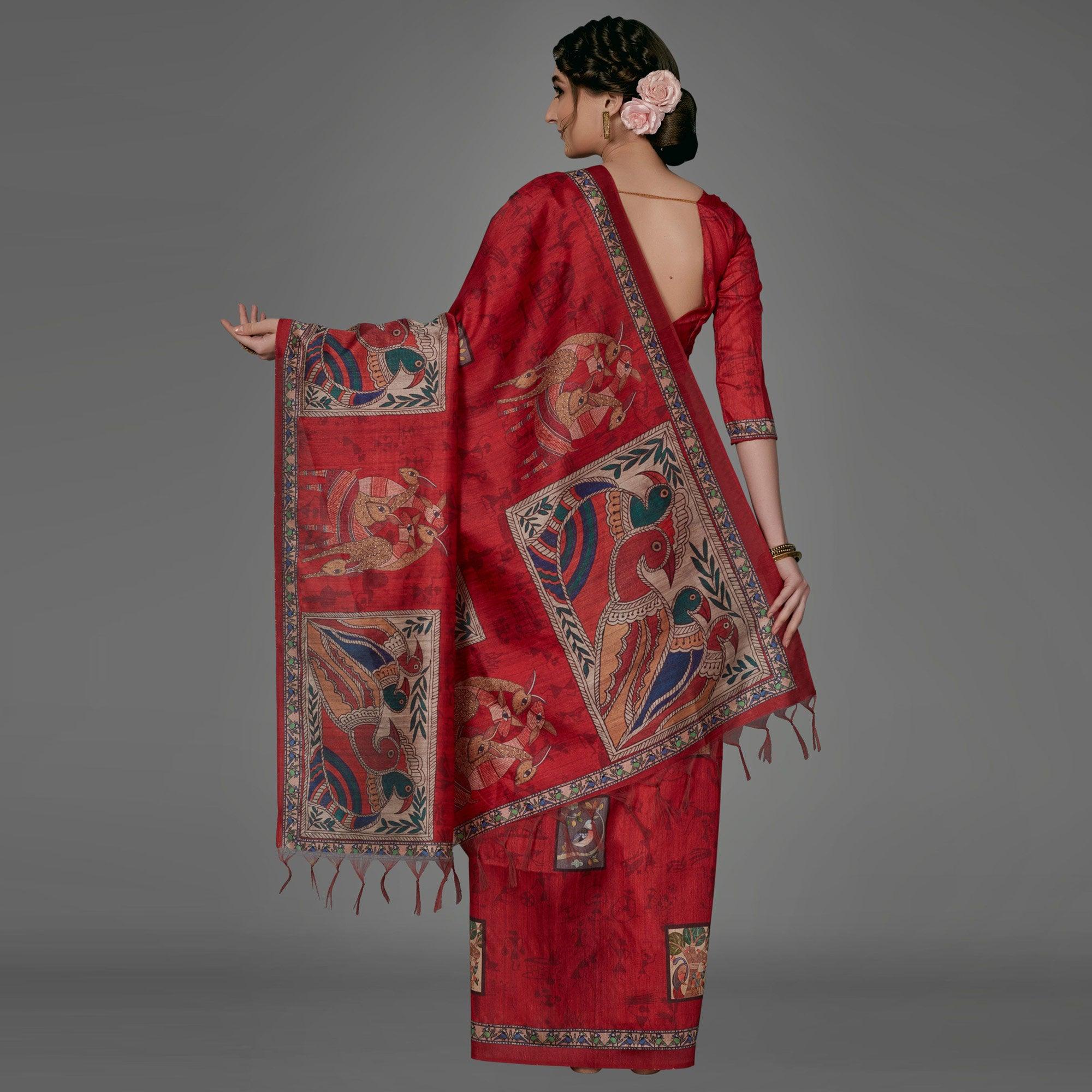 Red Casual Art Silk Printed Saree With Unstitched Blouse - Peachmode