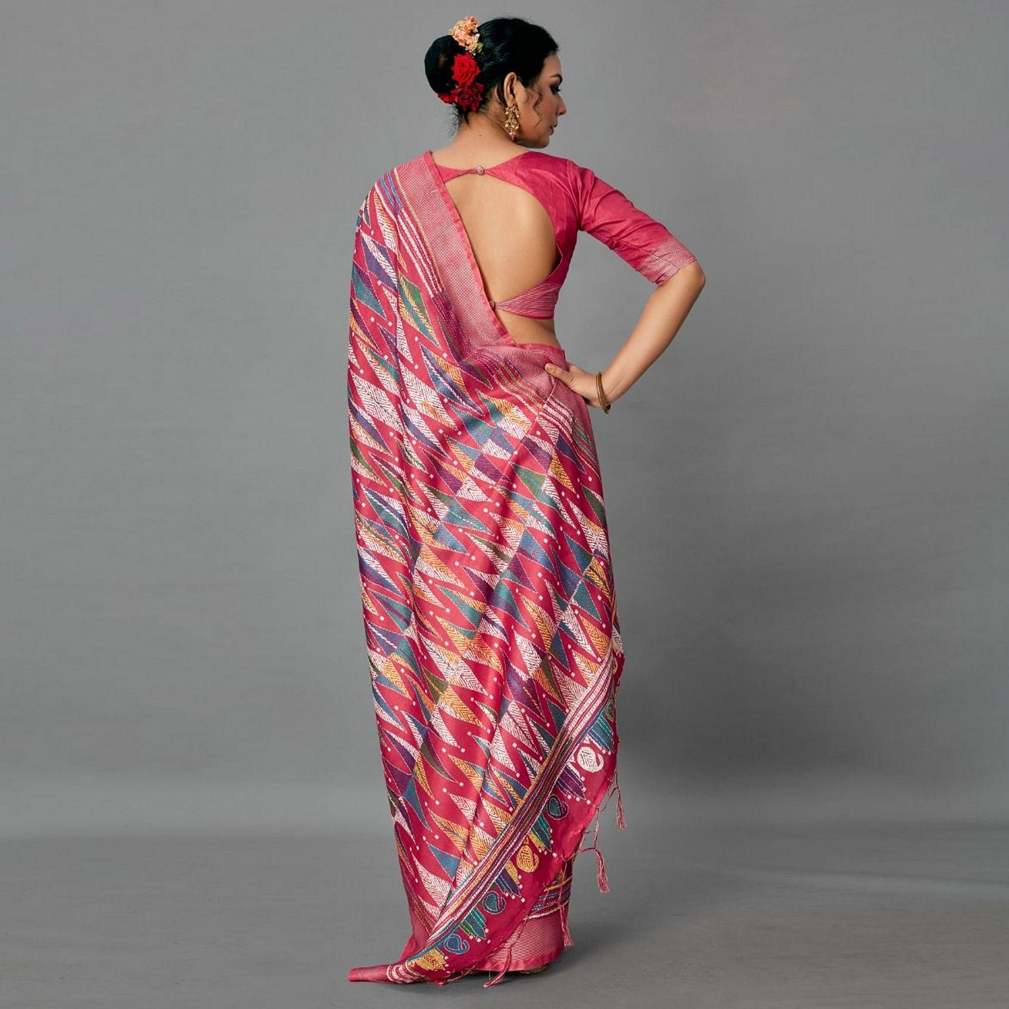 Red Casual Art Silk Printed Saree With Unstitched Blouse - Peachmode