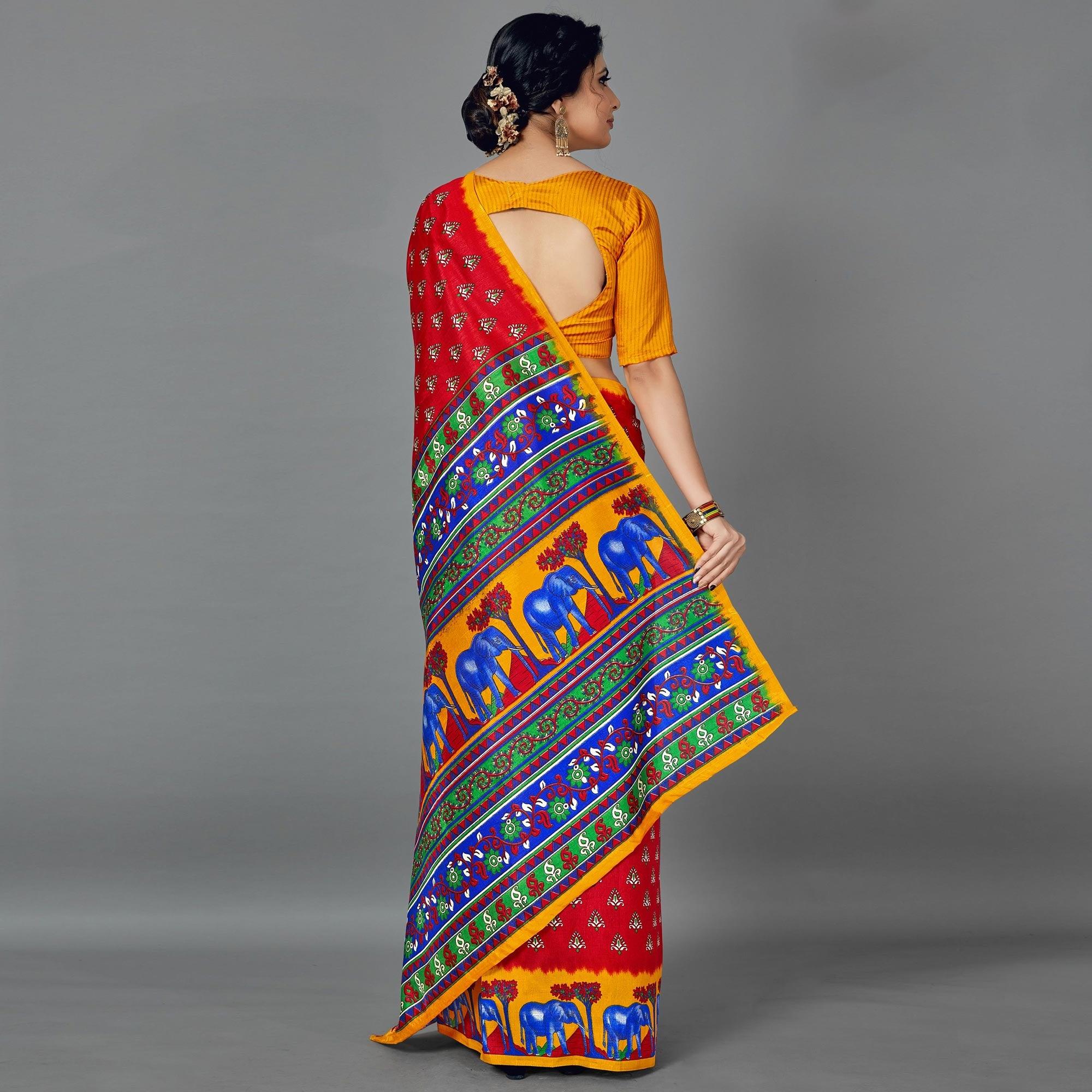 Red Casual Art Silk Printed Saree With Unstitched Blouse - Peachmode