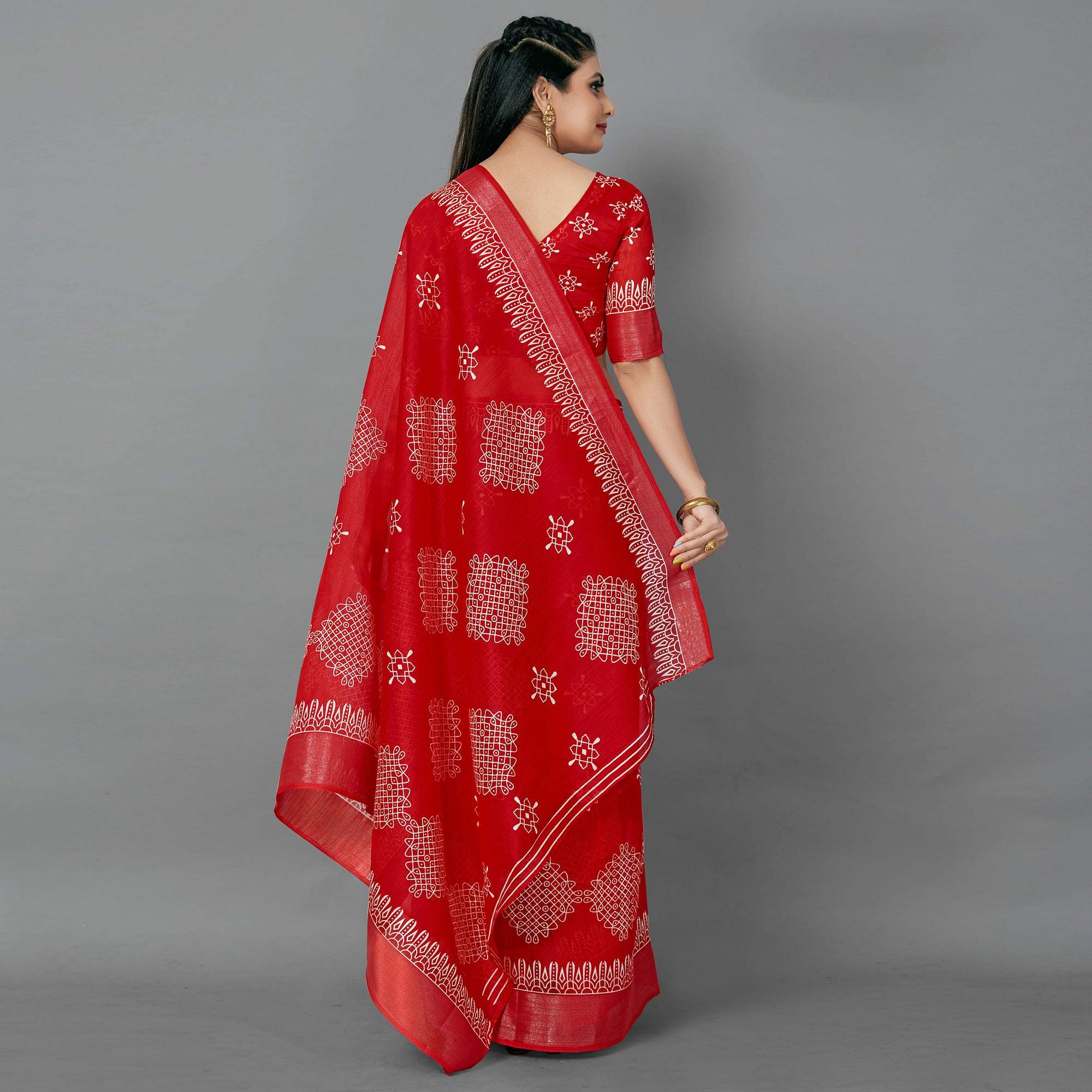 Red Casual Cotton Printed Saree With Unstitched Blouse - Peachmode