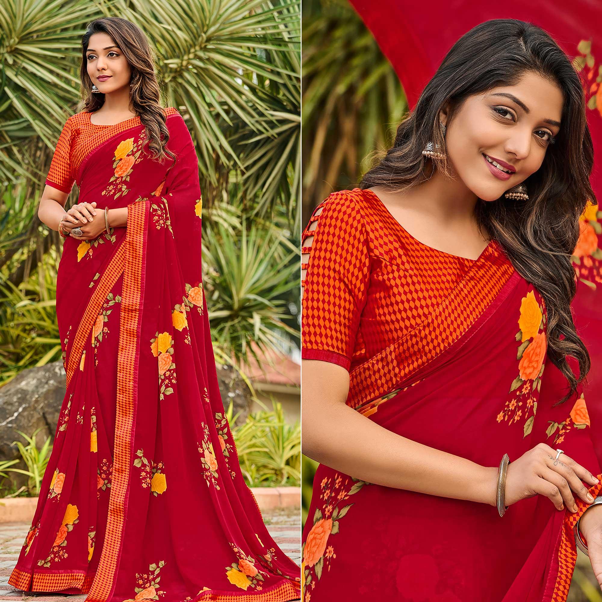 Red Casual Floral Printed Georgette Saree - Peachmode