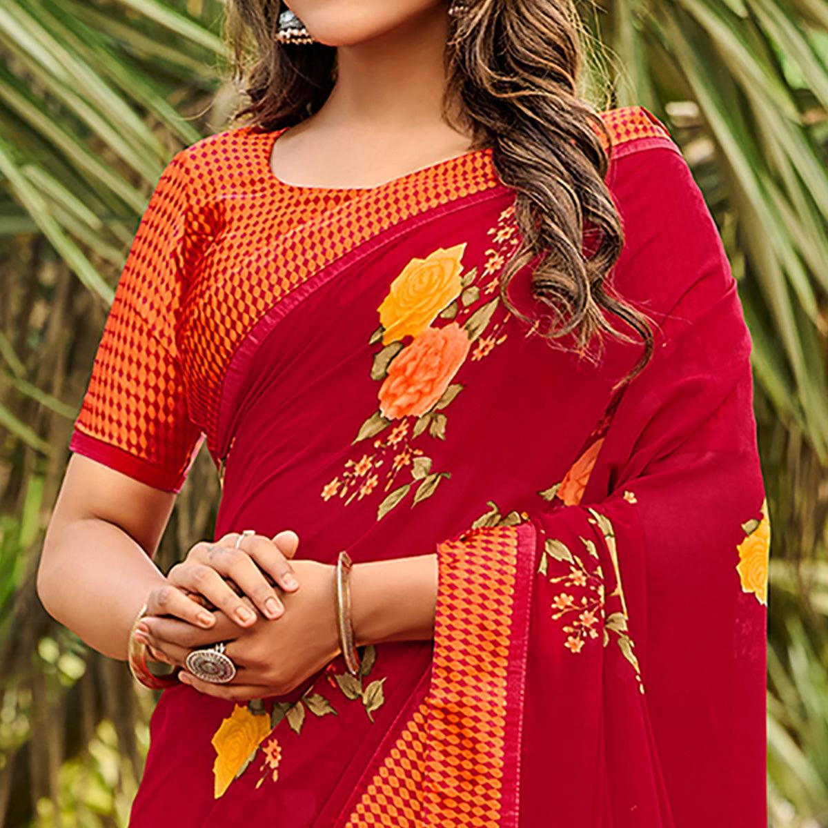 Red Casual Floral Printed Georgette Saree - Peachmode