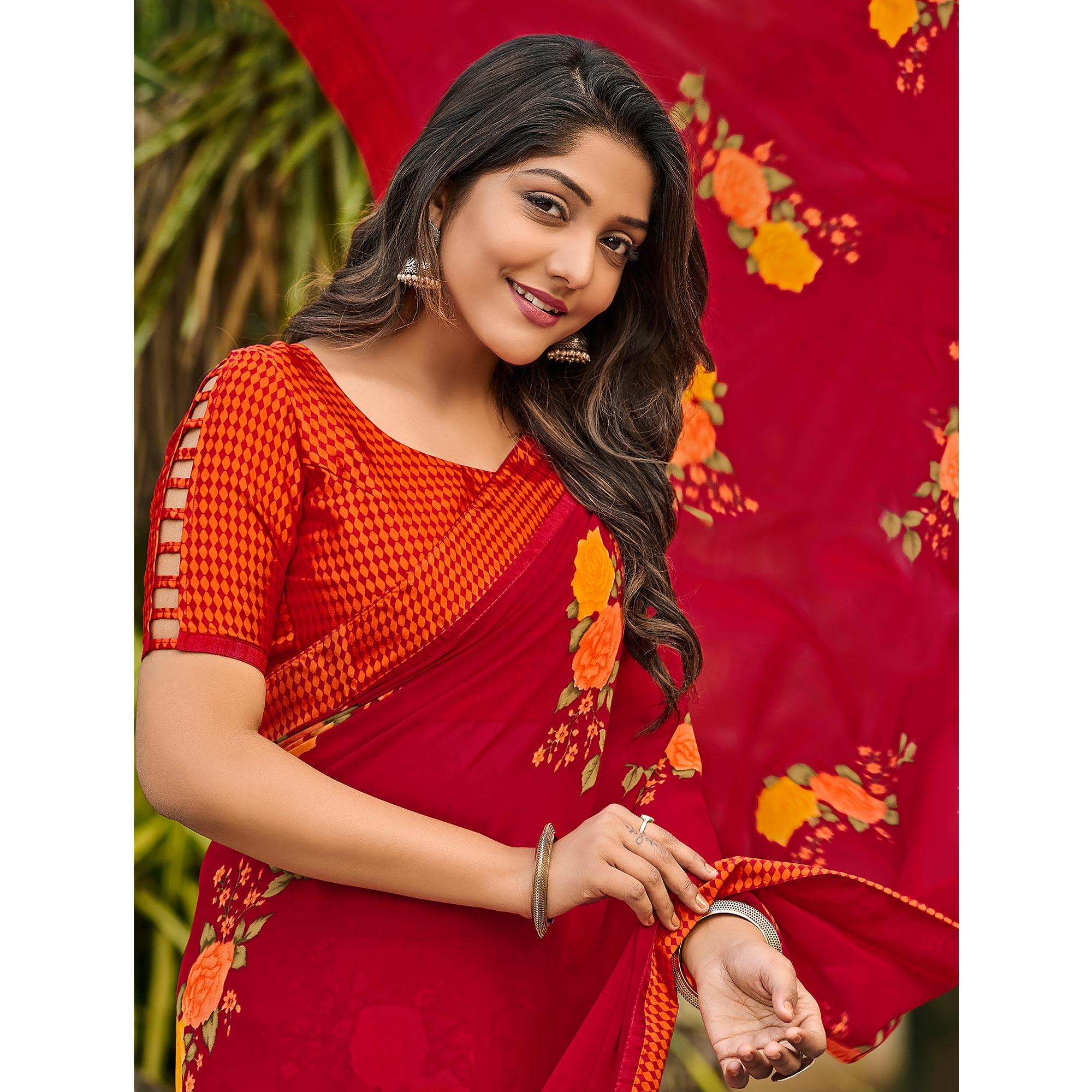 Red Casual Floral Printed Georgette Saree - Peachmode