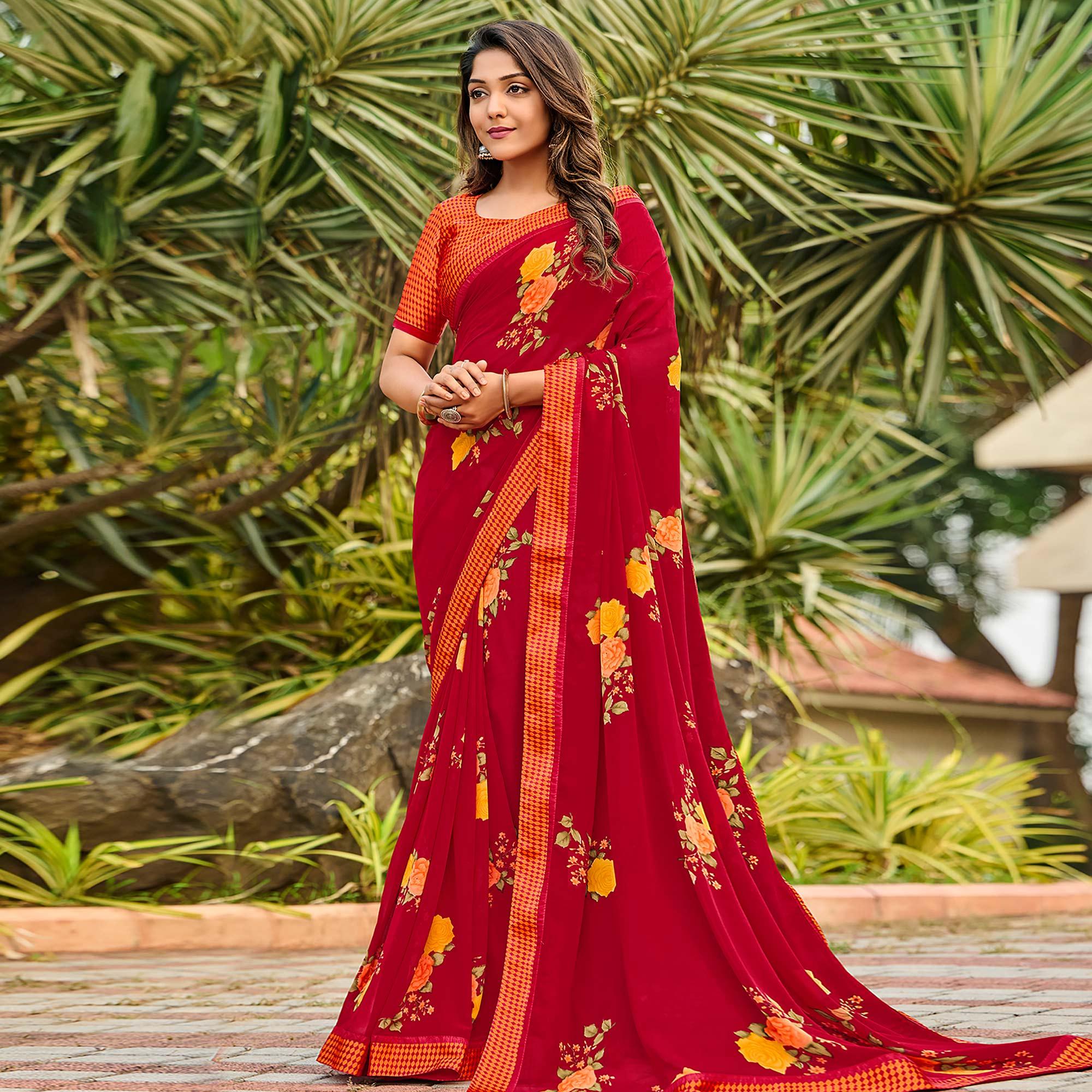 Red Casual Floral Printed Georgette Saree - Peachmode