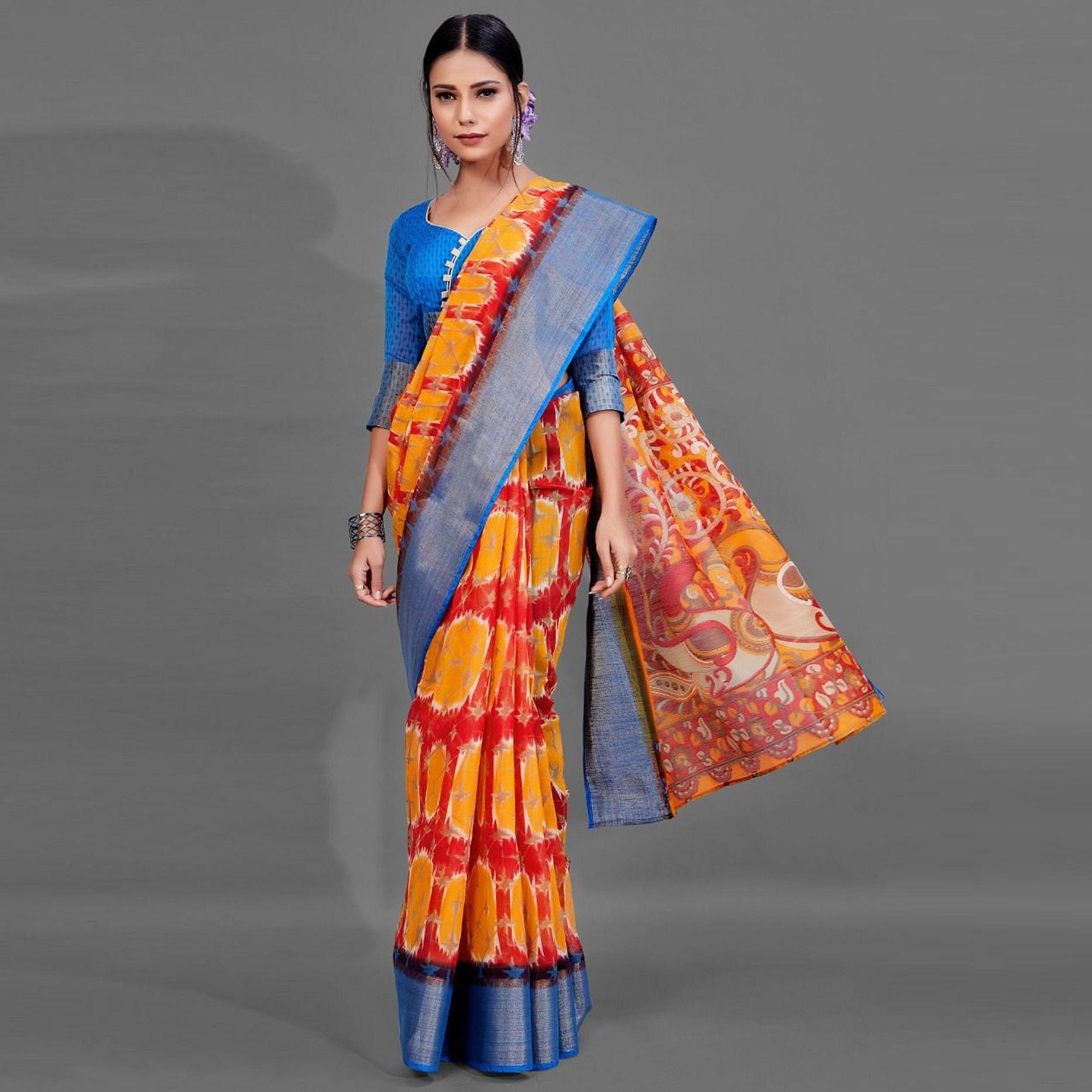 Red Casual Linen Printed Saree With Unstitched Blouse - Peachmode