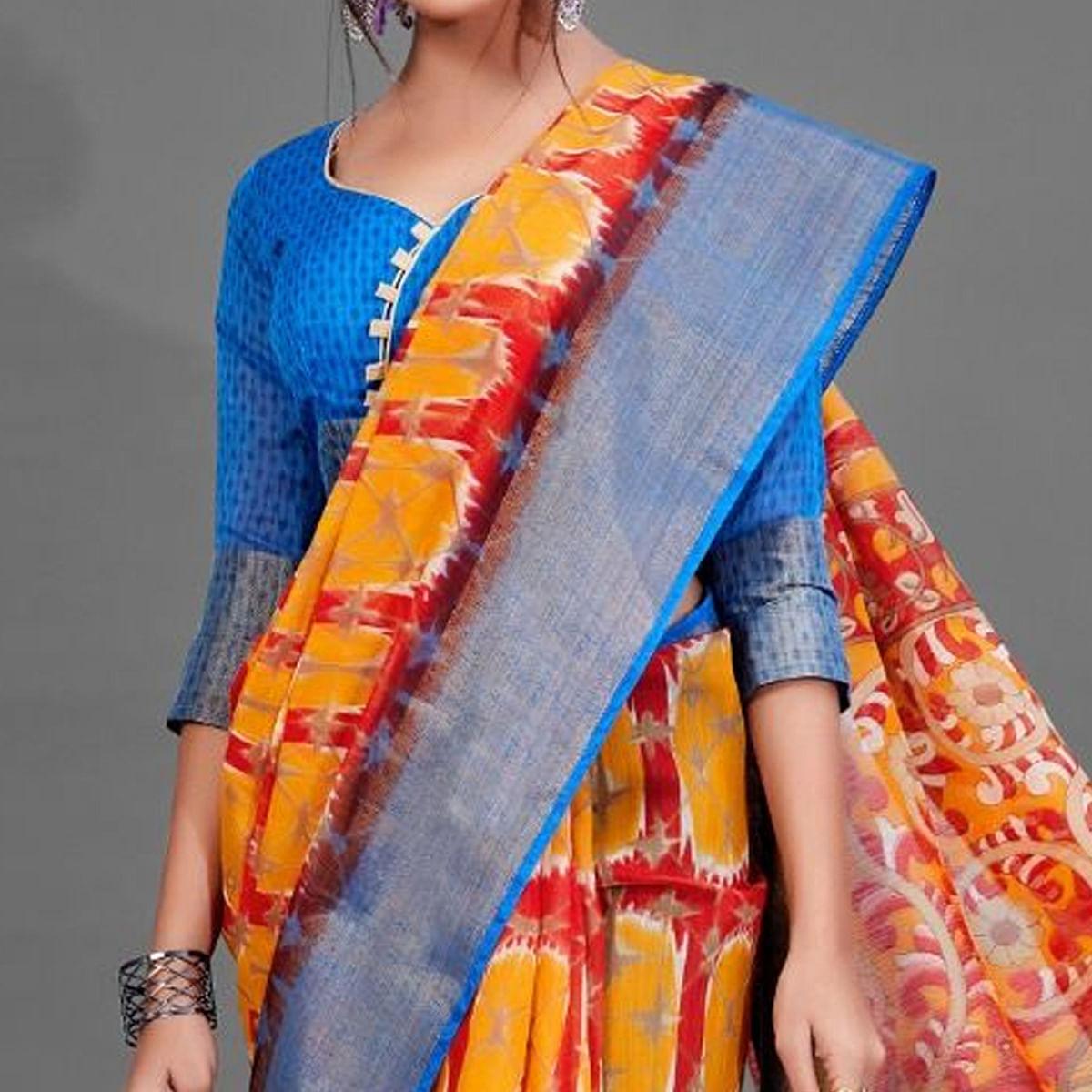 Red Casual Linen Printed Saree With Unstitched Blouse - Peachmode