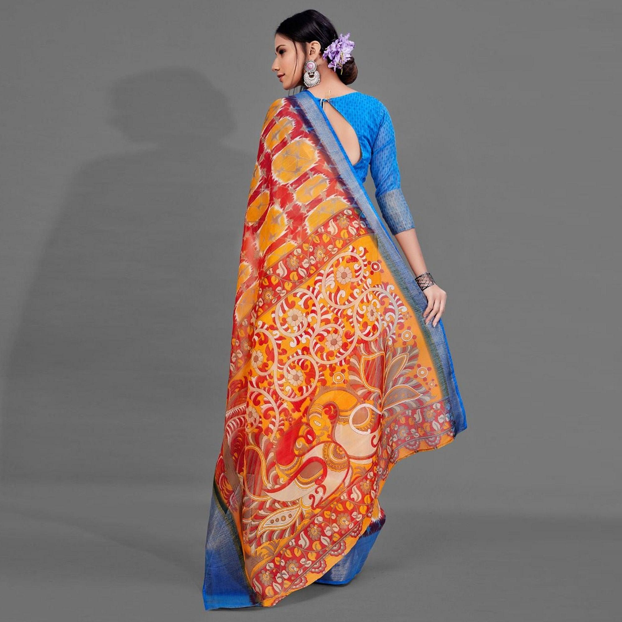 Red Casual Linen Printed Saree With Unstitched Blouse - Peachmode