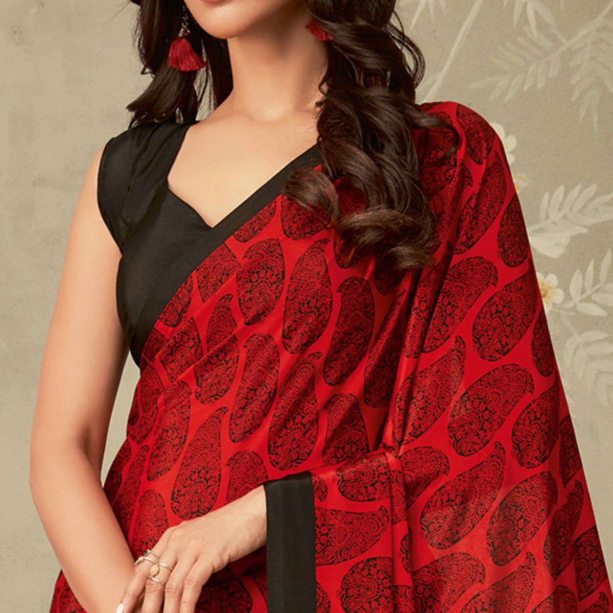 Red Casual Printed Crepe Saree - Peachmode