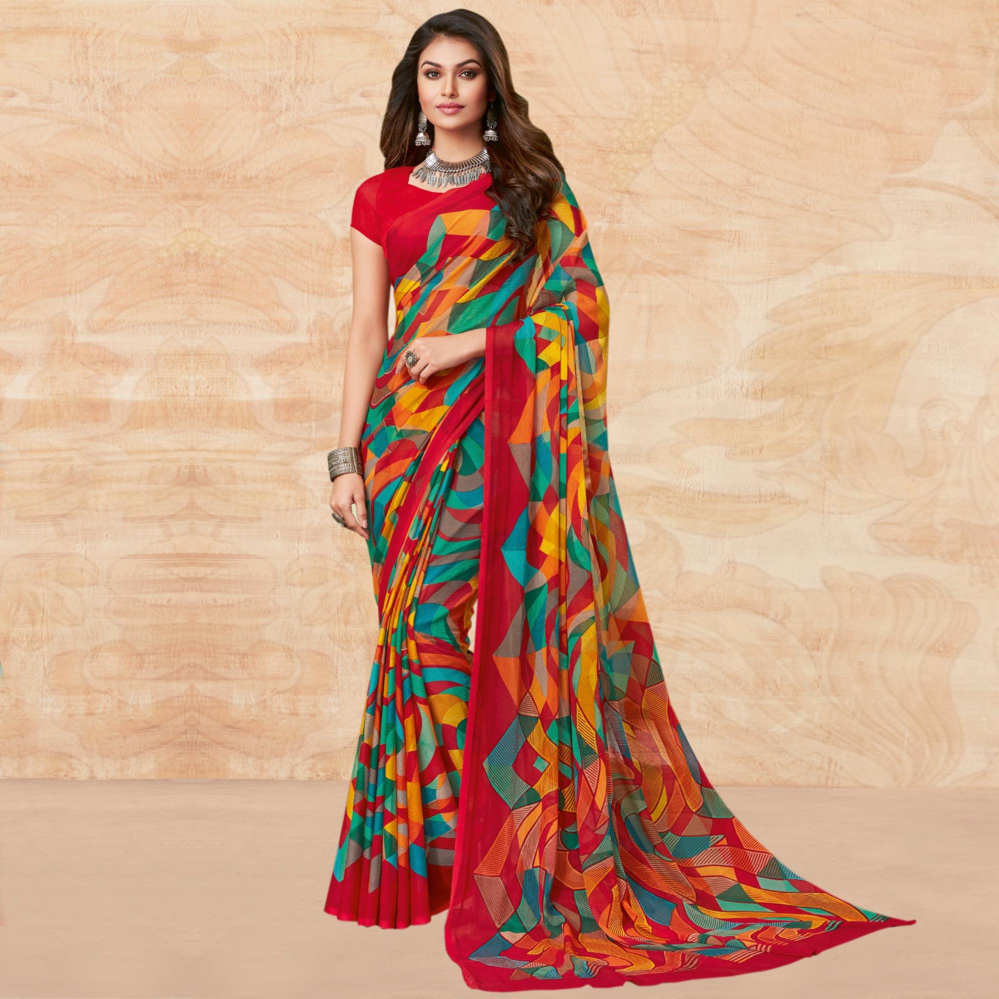 Red Casual Wear Abstract Printed Chiffon Saree - Peachmode