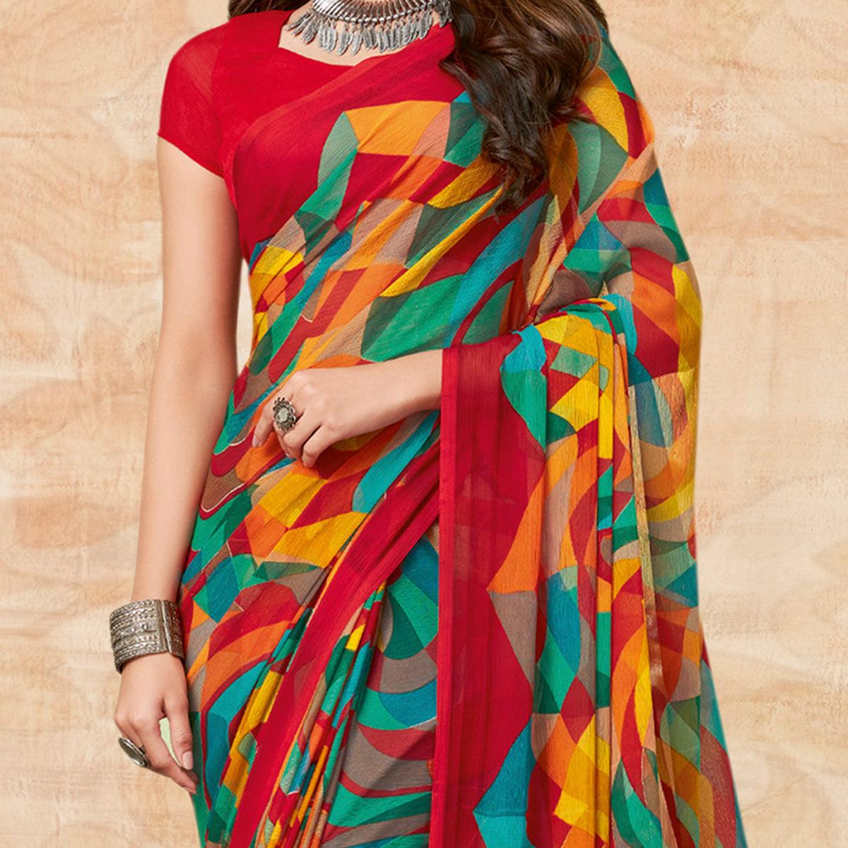 Red Casual Wear Abstract Printed Chiffon Saree - Peachmode