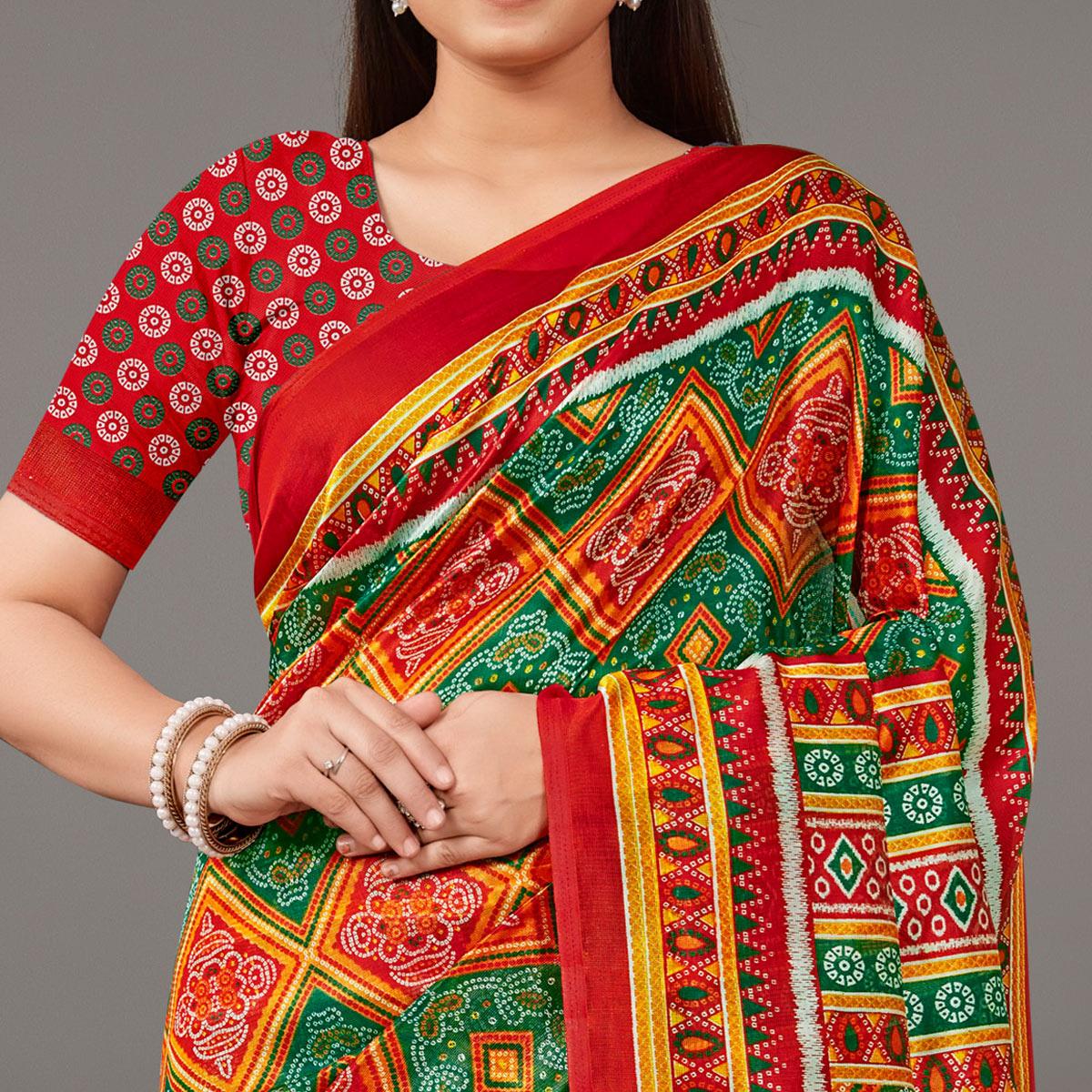 Red Casual Wear Bandhani Printed Art Silk Saree - Peachmode