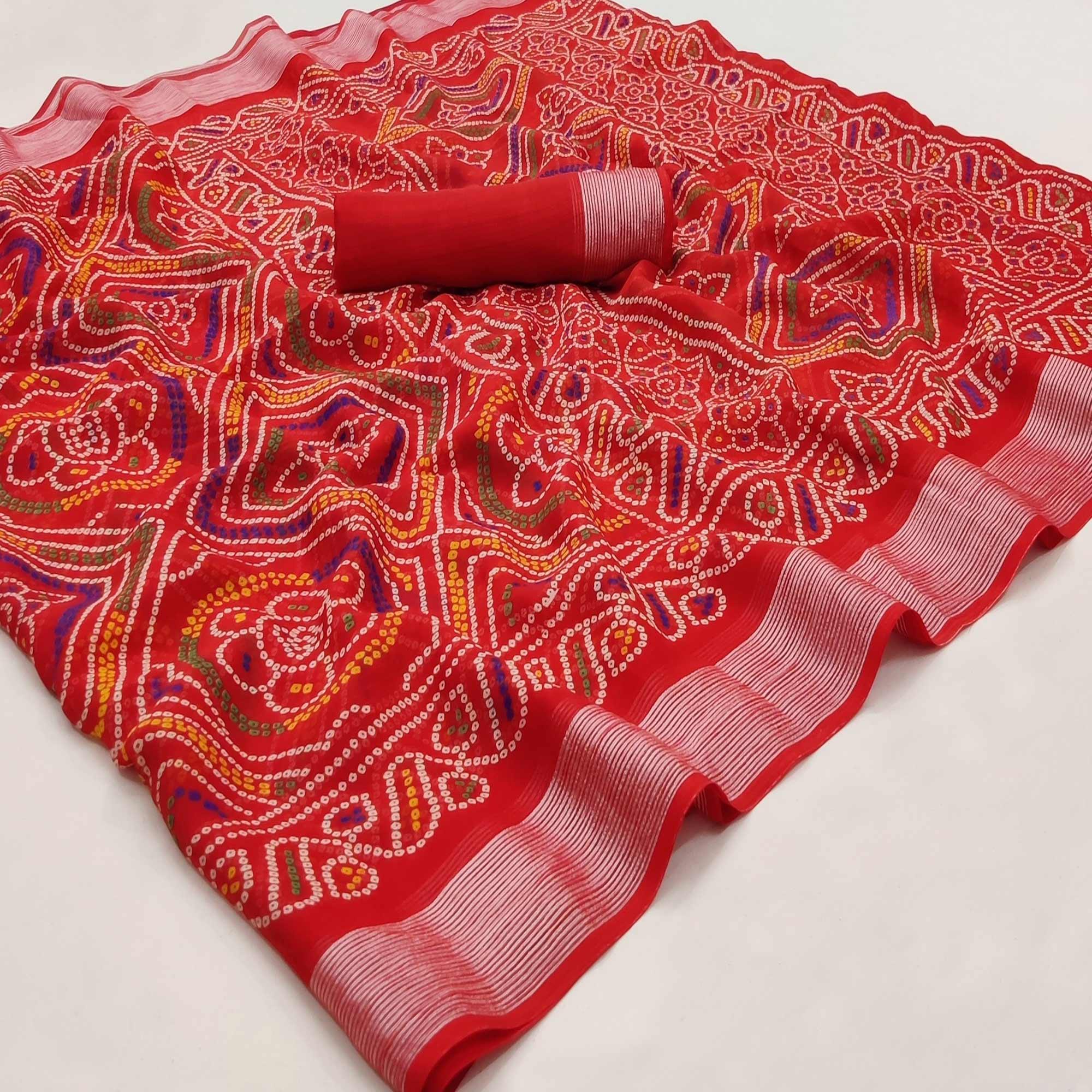 Red Casual Wear Bandhani Printed Chiffon Saree - Peachmode