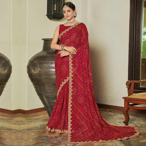 Red Casual Wear Bandhani Printed Chiffon Saree - Peachmode