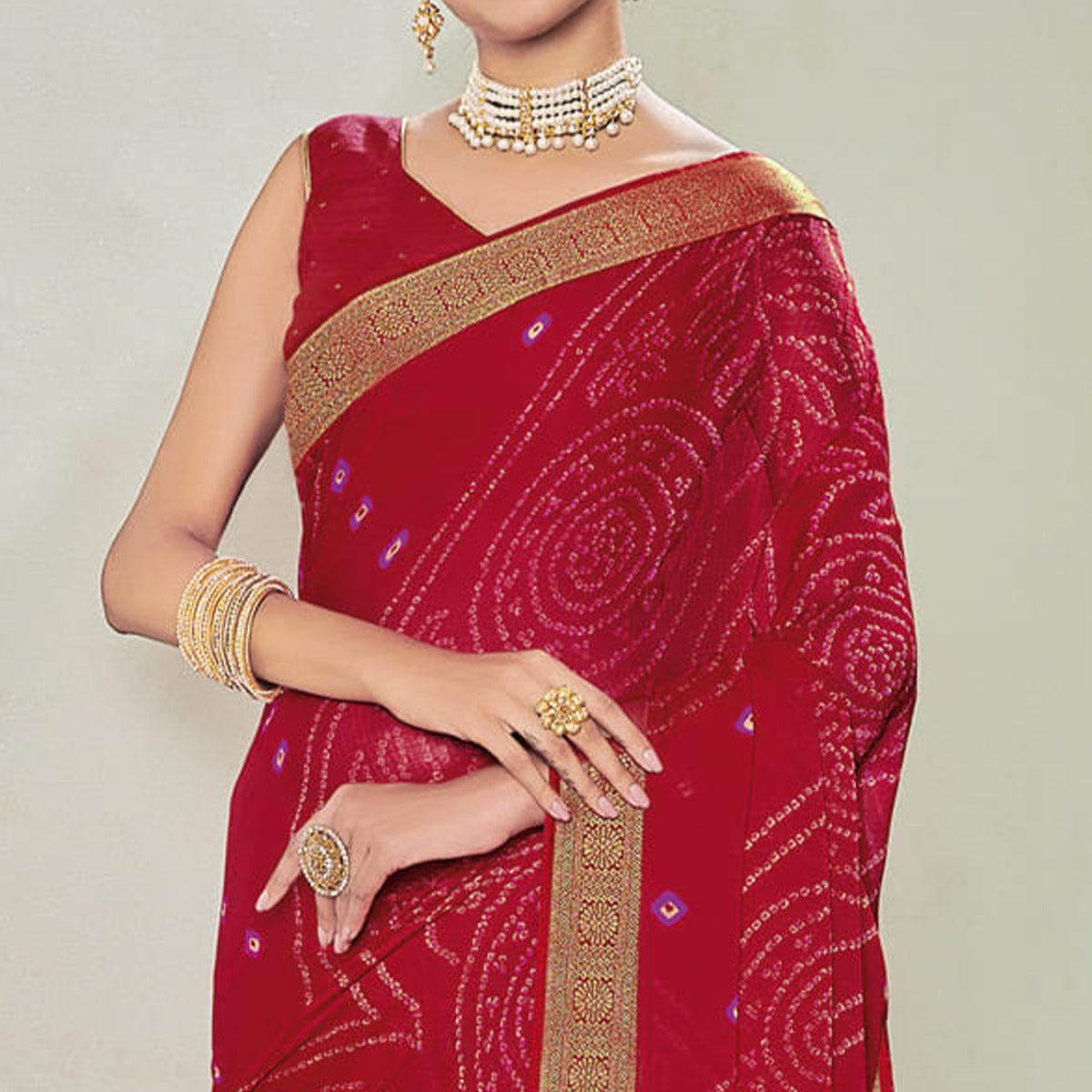Red Casual Wear Bandhani Printed Chiffon Saree - Peachmode