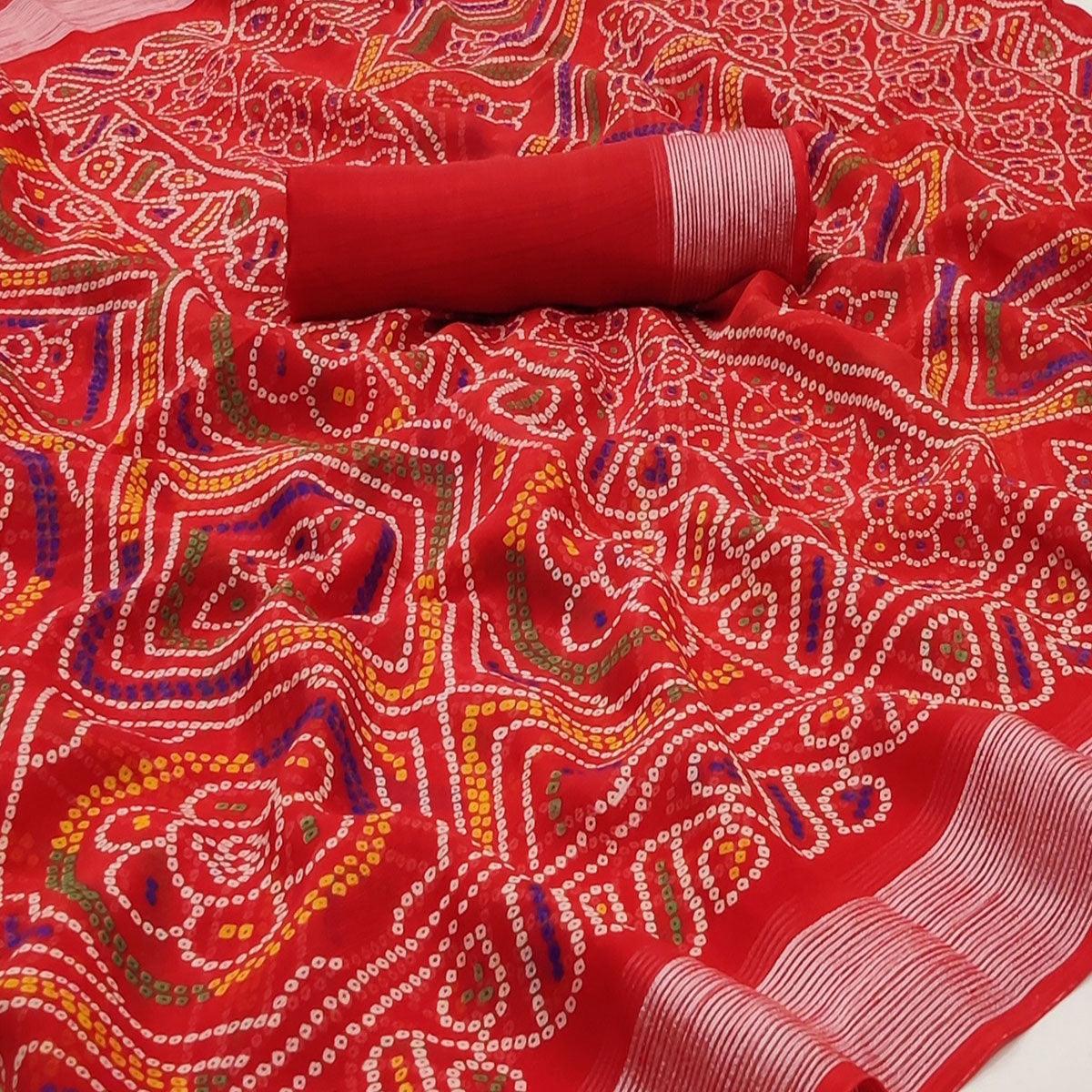 Red Casual Wear Bandhani Printed Chiffon Saree - Peachmode