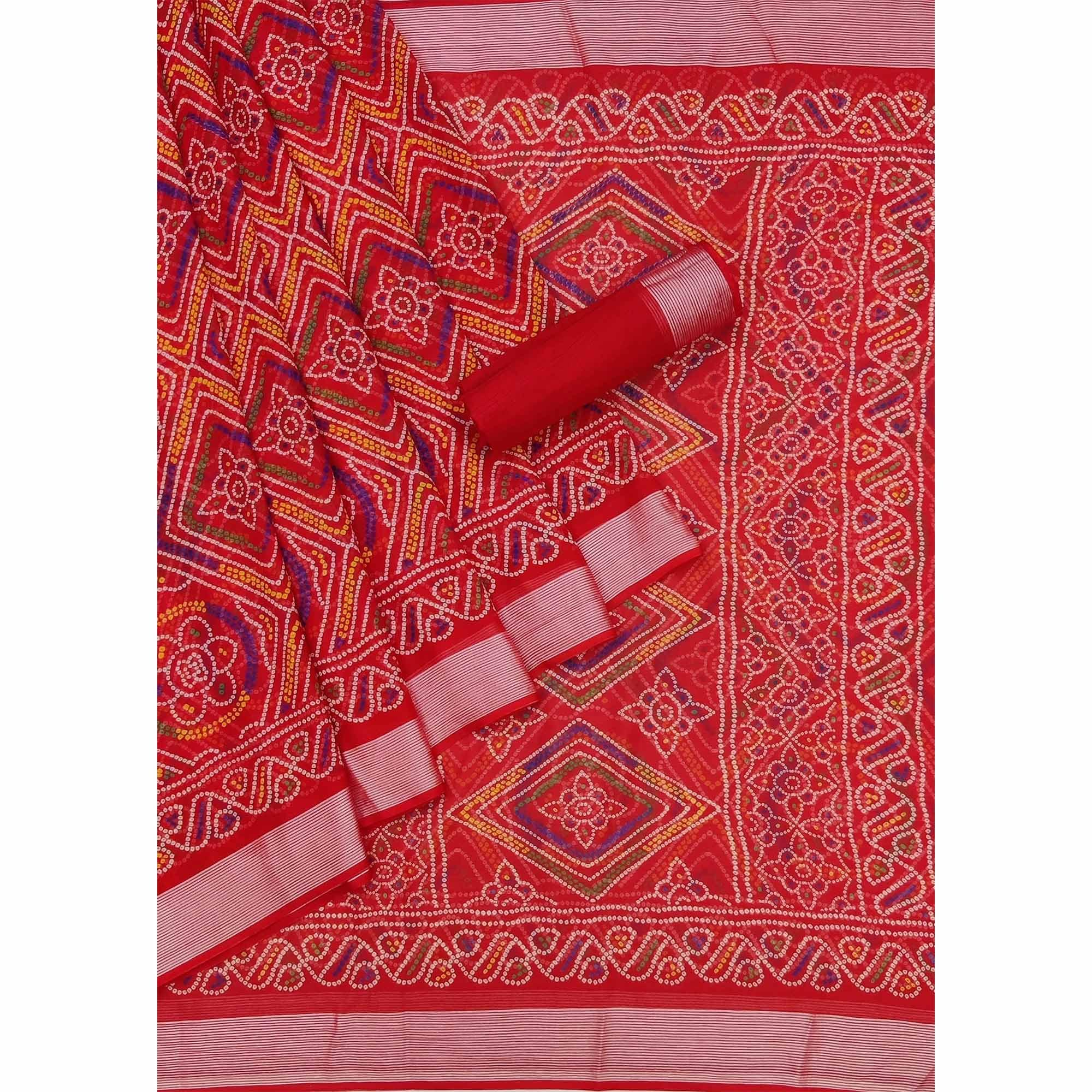 Red Casual Wear Bandhani Printed Chiffon Saree - Peachmode