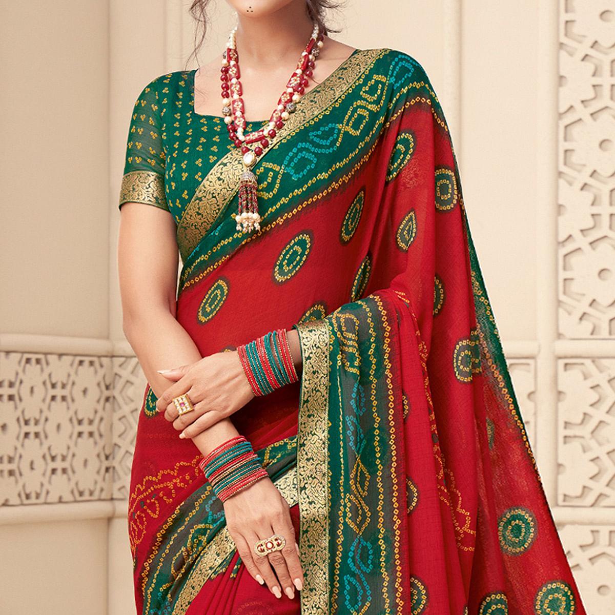Red Casual Wear Bandhani Printed Chiffon Saree With Tassels - Peachmode
