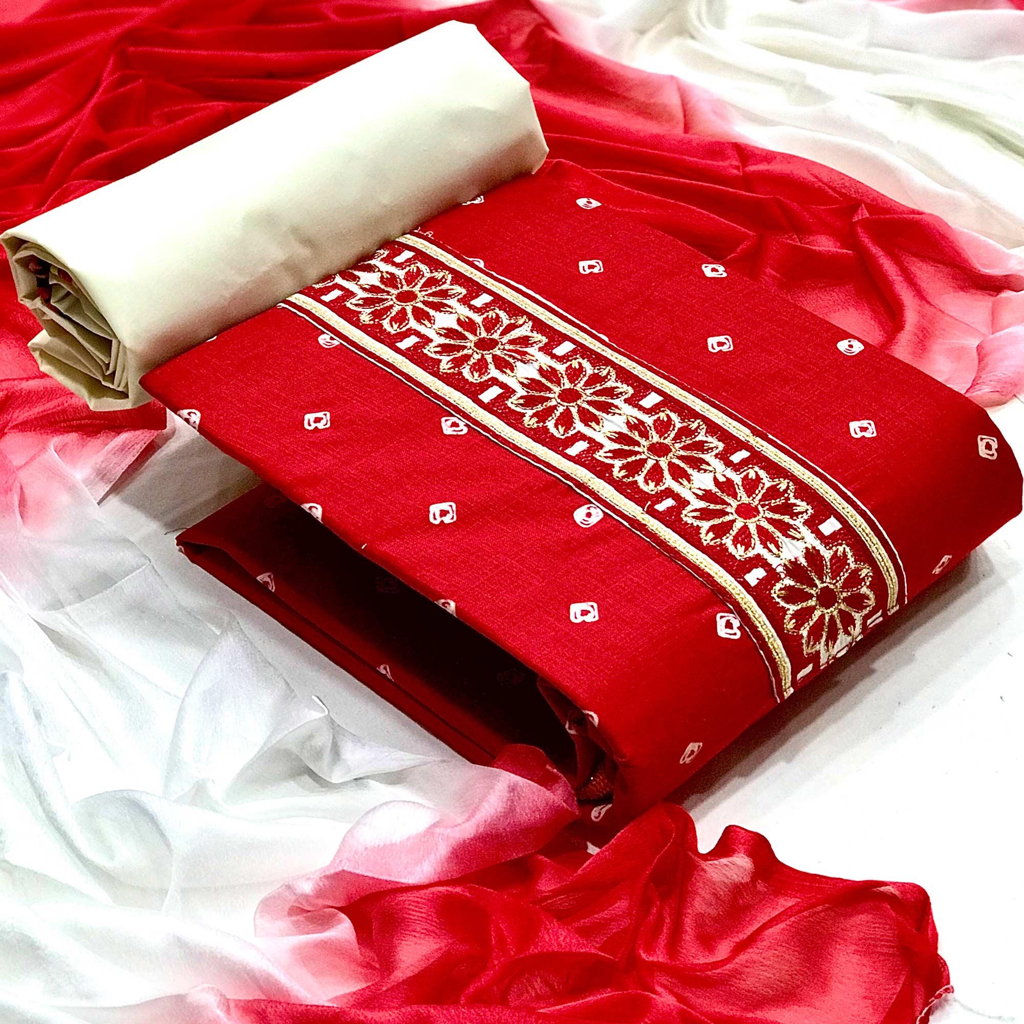 Red Casual Wear Bandhani Printed Cotton Dress Material - Peachmode