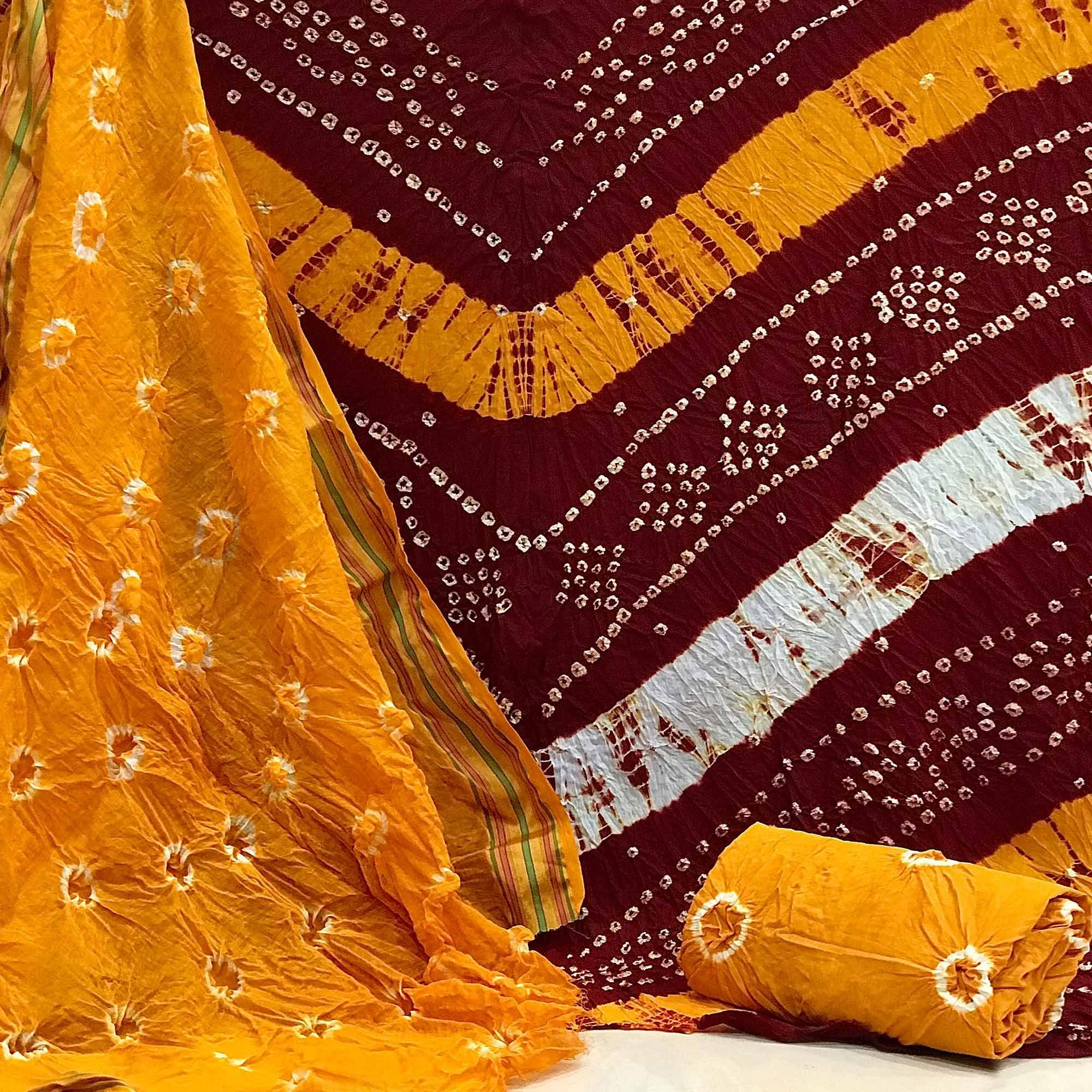 Red Casual Wear Bandhani Printed Cotton Dress Material - Peachmode