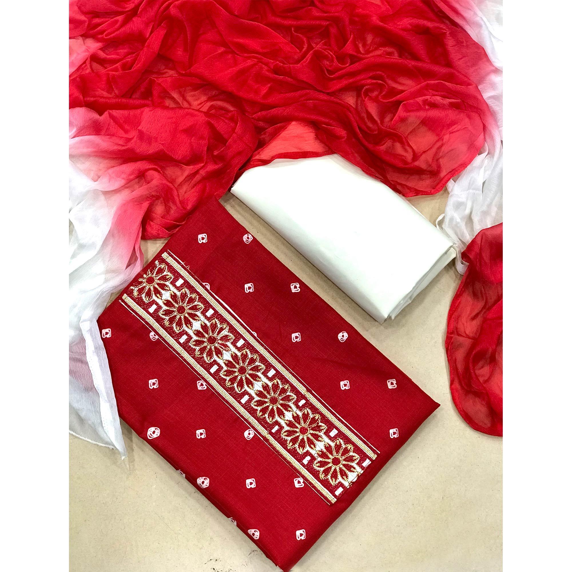 Red Casual Wear Bandhani Printed Cotton Dress Material - Peachmode