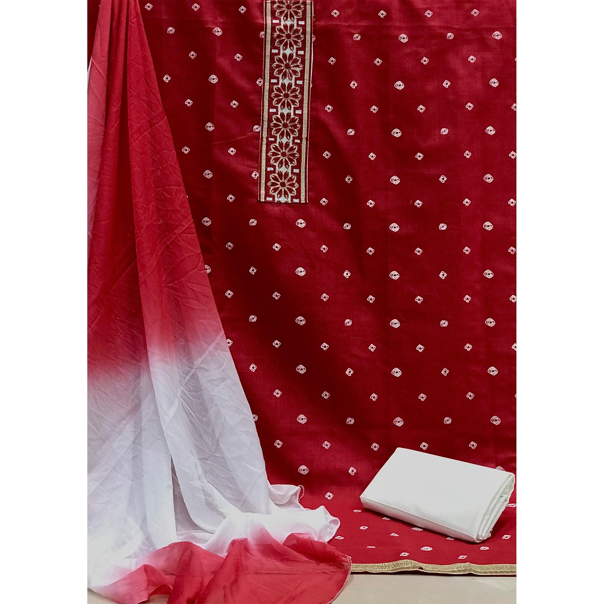 Red Casual Wear Bandhani Printed Cotton Dress Material - Peachmode