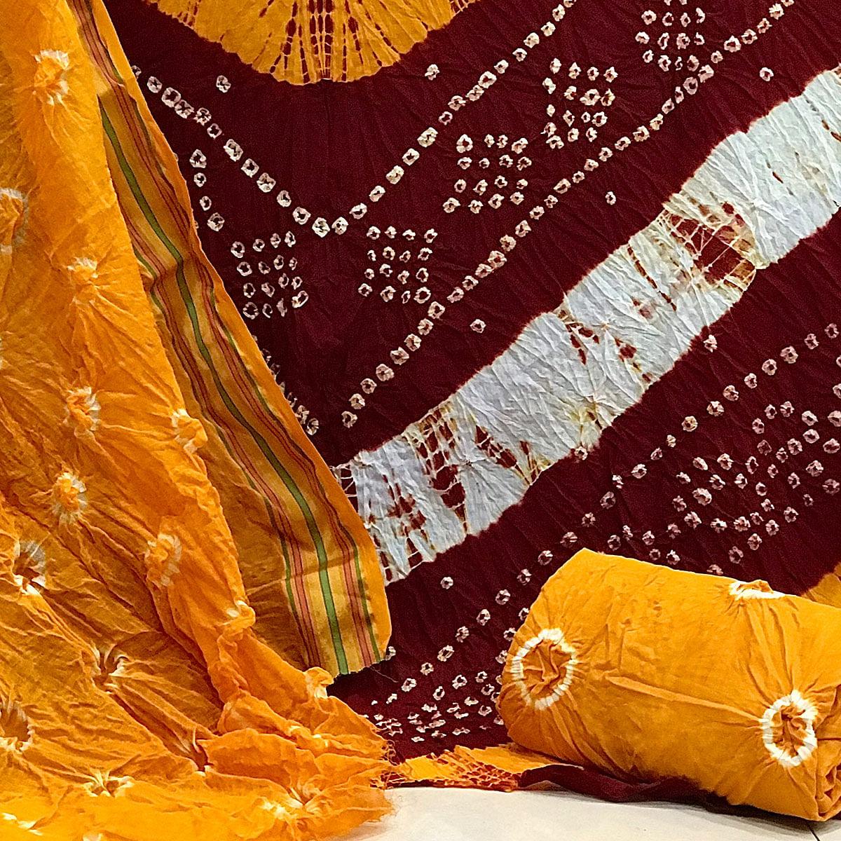 Red Casual Wear Bandhani Printed Cotton Dress Material - Peachmode