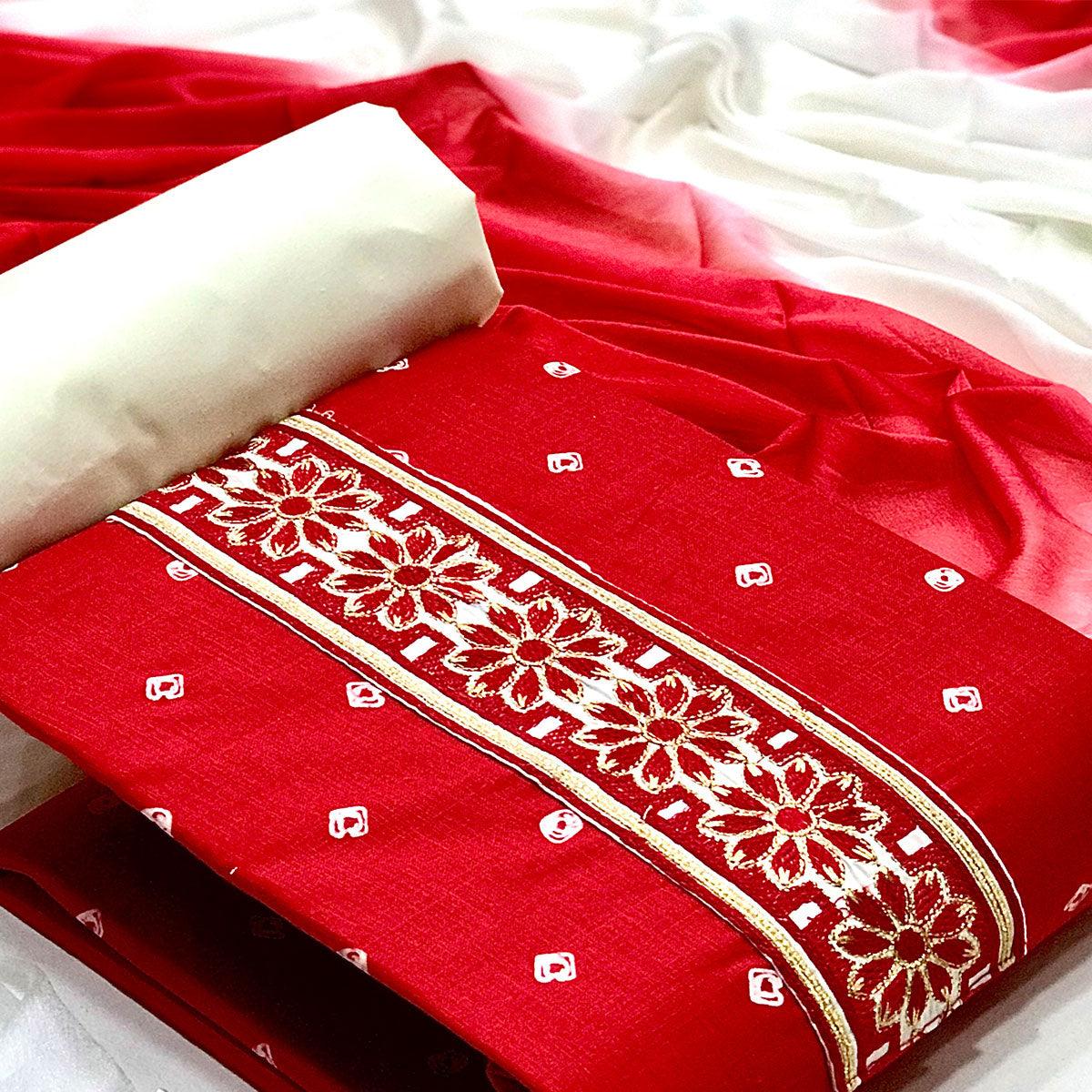 Red Casual Wear Bandhani Printed Cotton Dress Material - Peachmode