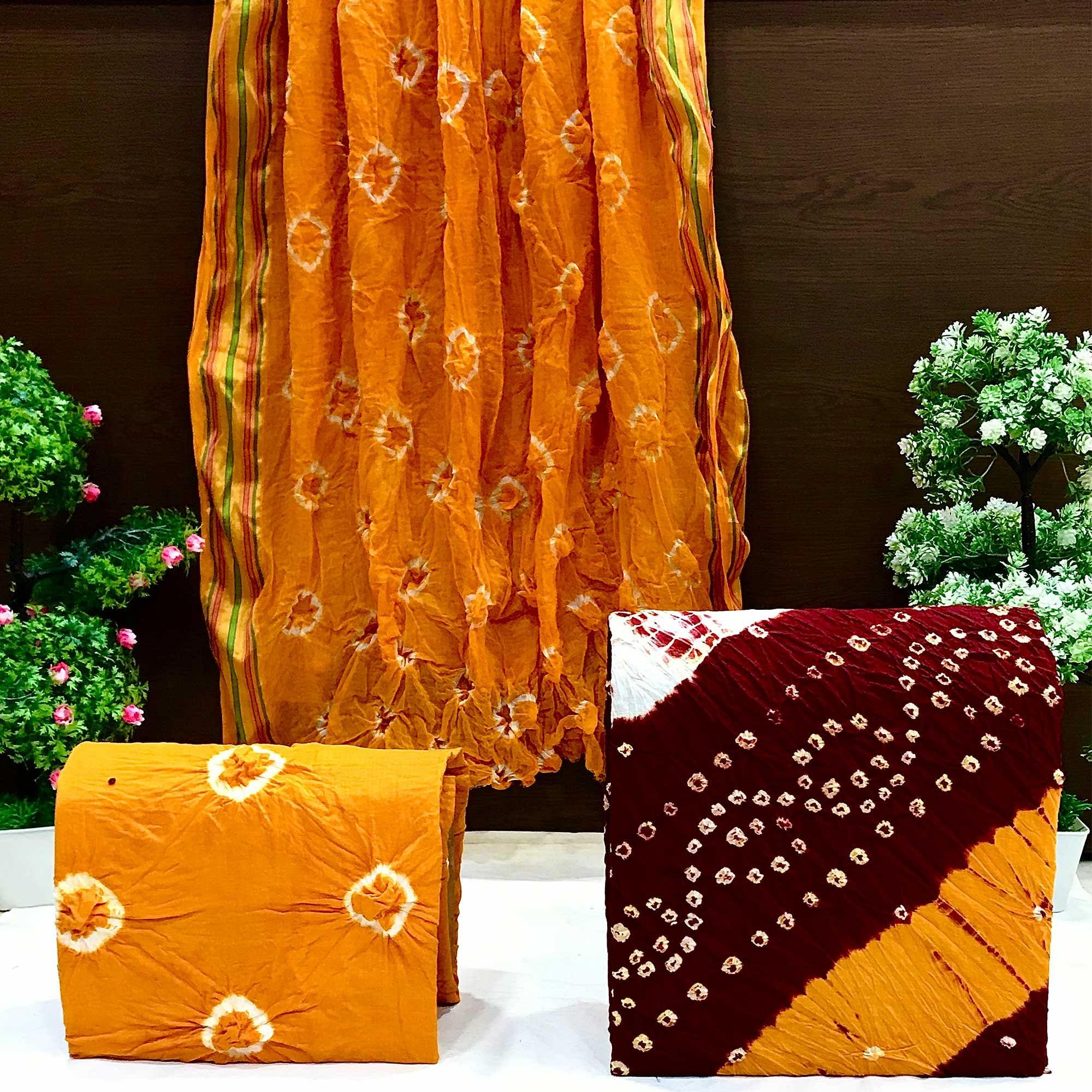 Red Casual Wear Bandhani Printed Cotton Dress Material - Peachmode