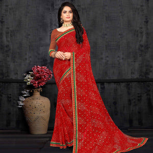 Red Casual Wear Bandhani Printed Georgette Designer Saree - Peachmode