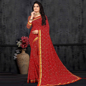 Red Casual Wear Bandhani Printed Georgette Designer Saree - Peachmode