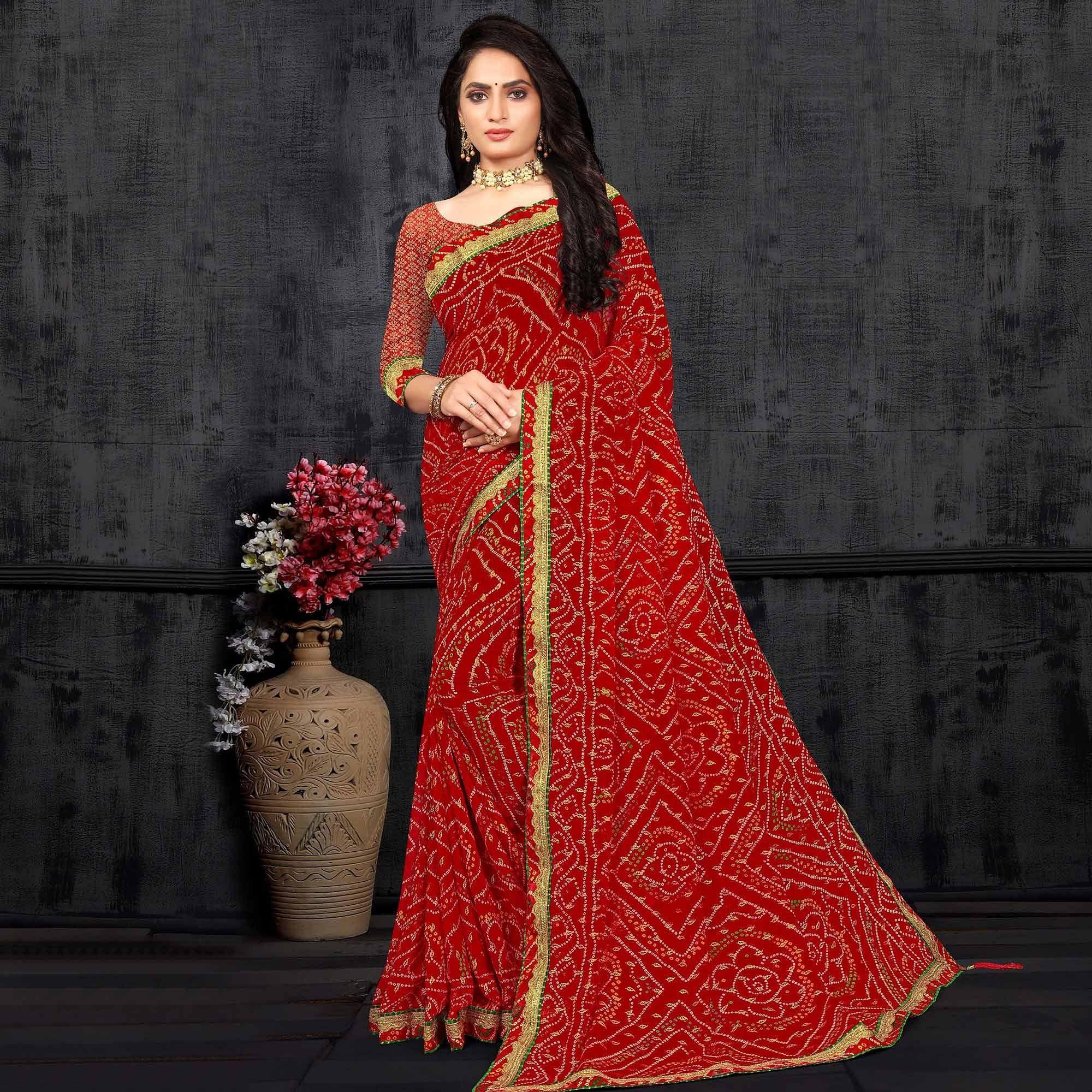 Red Casual Wear Bandhani Printed Georgette Designer Saree - Peachmode