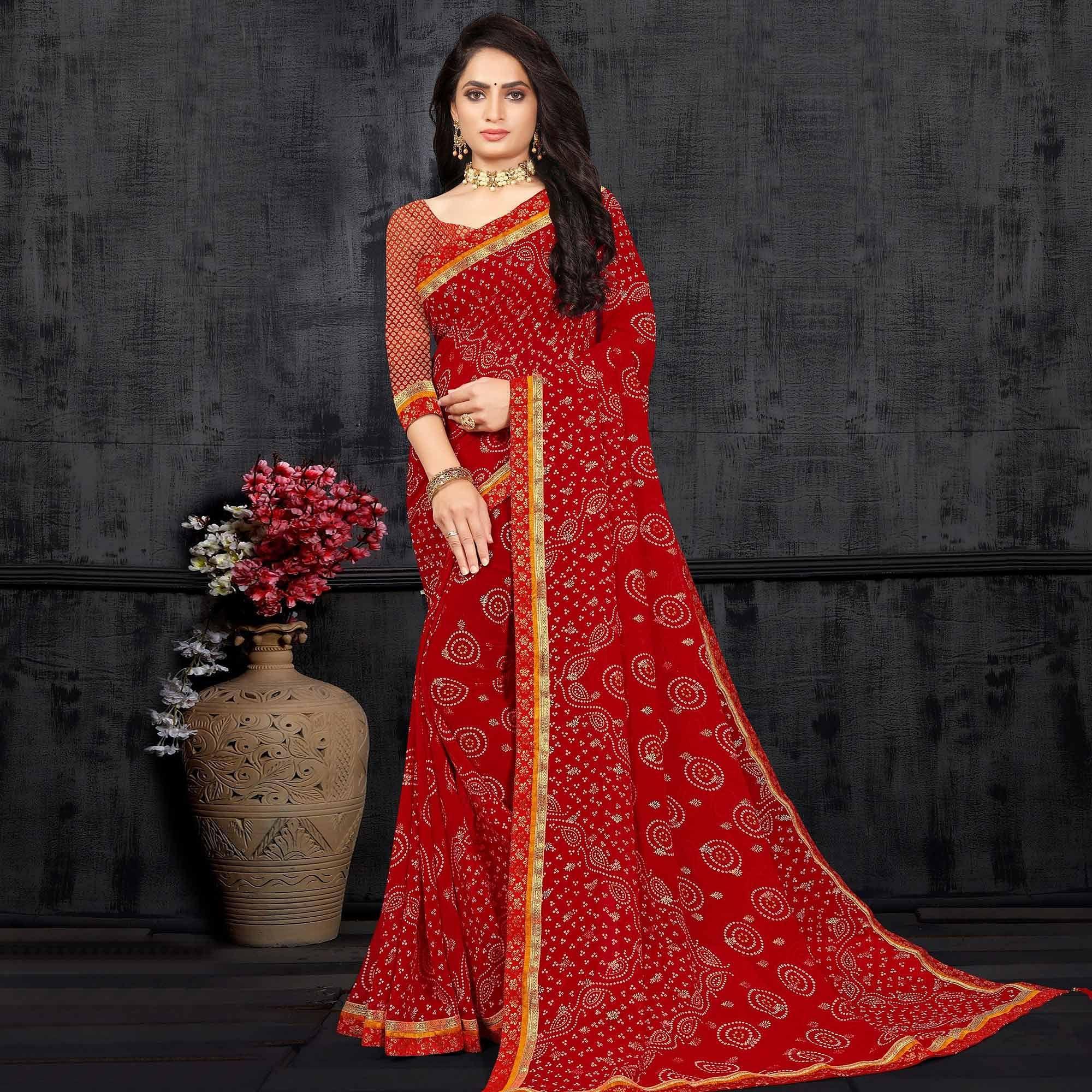 Red Casual Wear Bandhani Printed Georgette Designer Saree - Peachmode