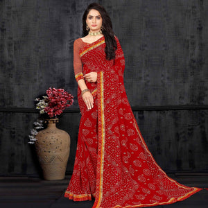 Red Casual Wear Bandhani Printed Georgette Designer Saree - Peachmode