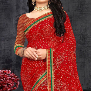 Red Casual Wear Bandhani Printed Georgette Designer Saree - Peachmode